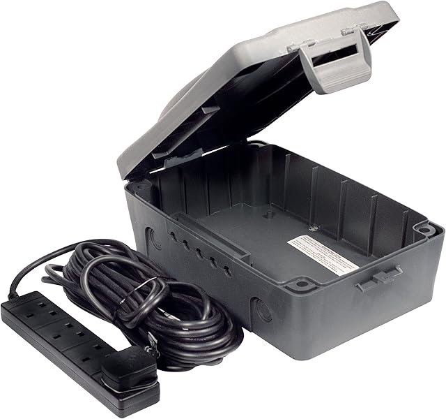 Masterplug WBXBFG10B-MP Weatherproof Electric Box for Outdoors with Four Socket 10 Metre Extension Lead, 351 x 220 x 126.5 mm, Dark Grey