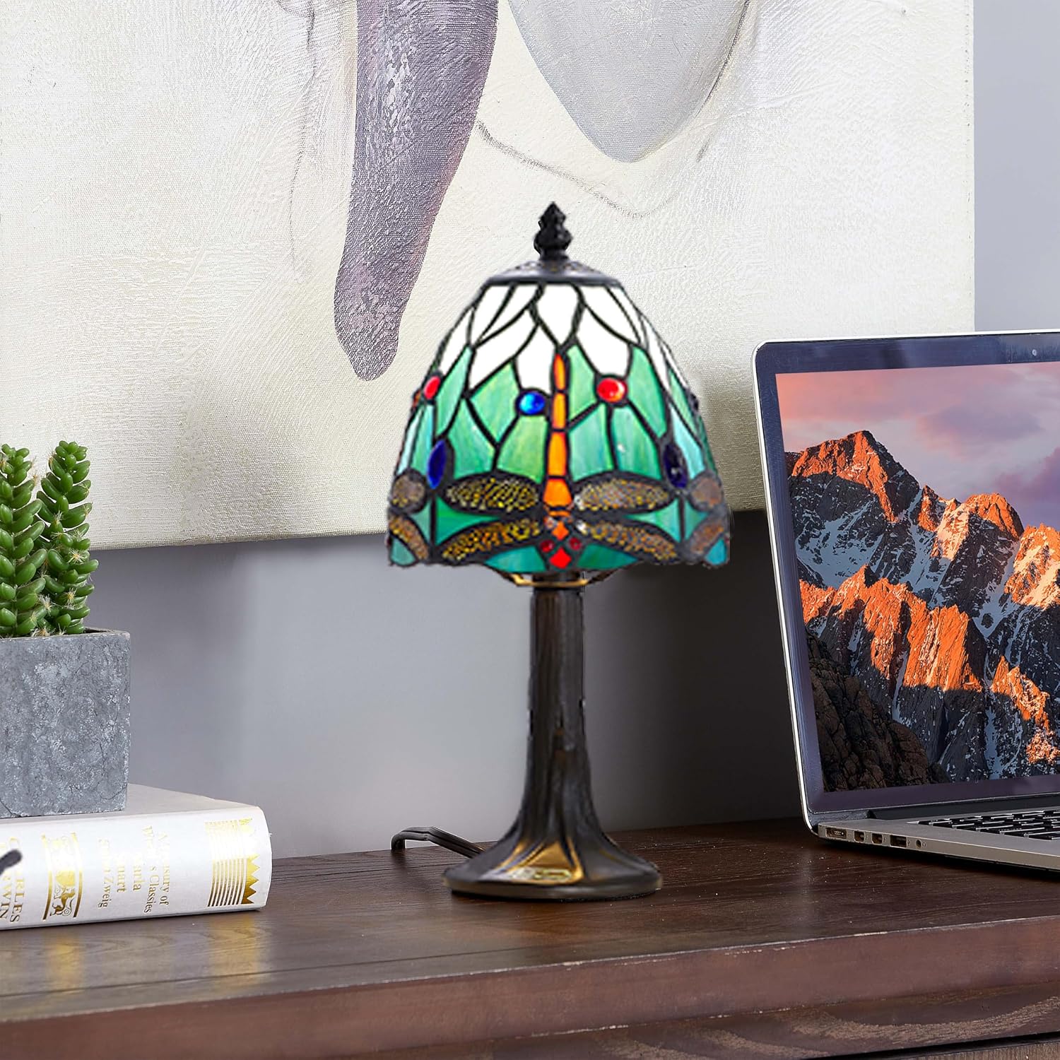 Dragonfly Stained Glass Mini Table Lamp, Handmade Tiffany Style Desk Light with LED Bulb, Easy Assembly, Heavy Stable Base for Bedroom, Living Room, Office & Study.