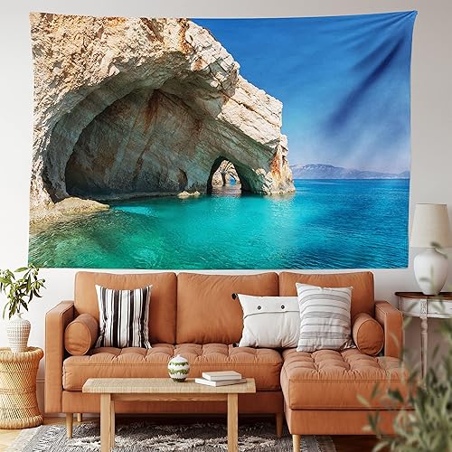 Miniatura 2 de Ambesonne Tapiz de Grecia, cueva marina en la isla de Zante, Grecia, vacaciones relajantes, paisaje marino, imagen costera, colgante de pared ancho