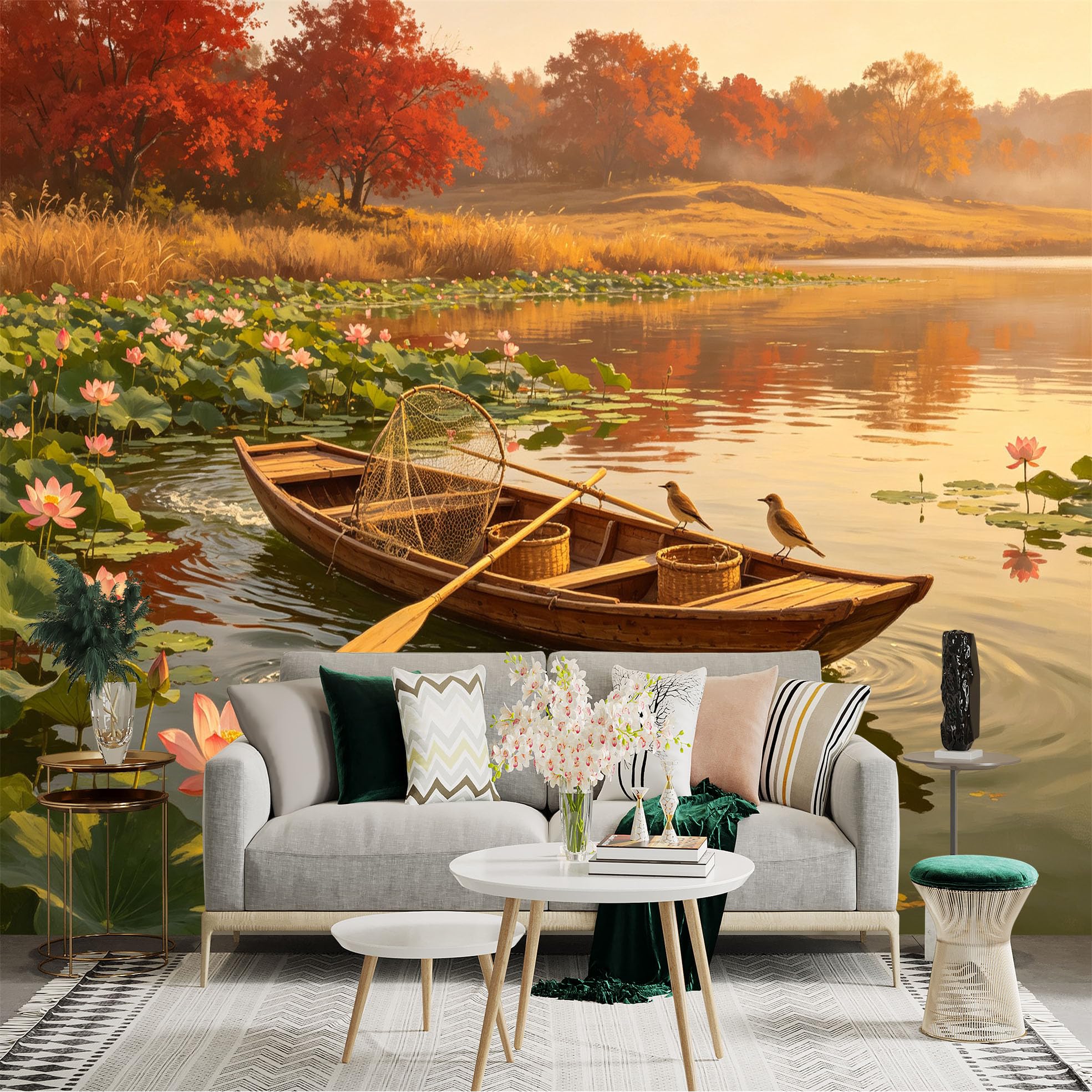 Custom Size Wall Sticker Mural， Wooden Boat on Calm Lake， Pink Lotus Flowers and Birds， Autumn Morning Scenery， for wall Decoration， peelandstick wall Decals.