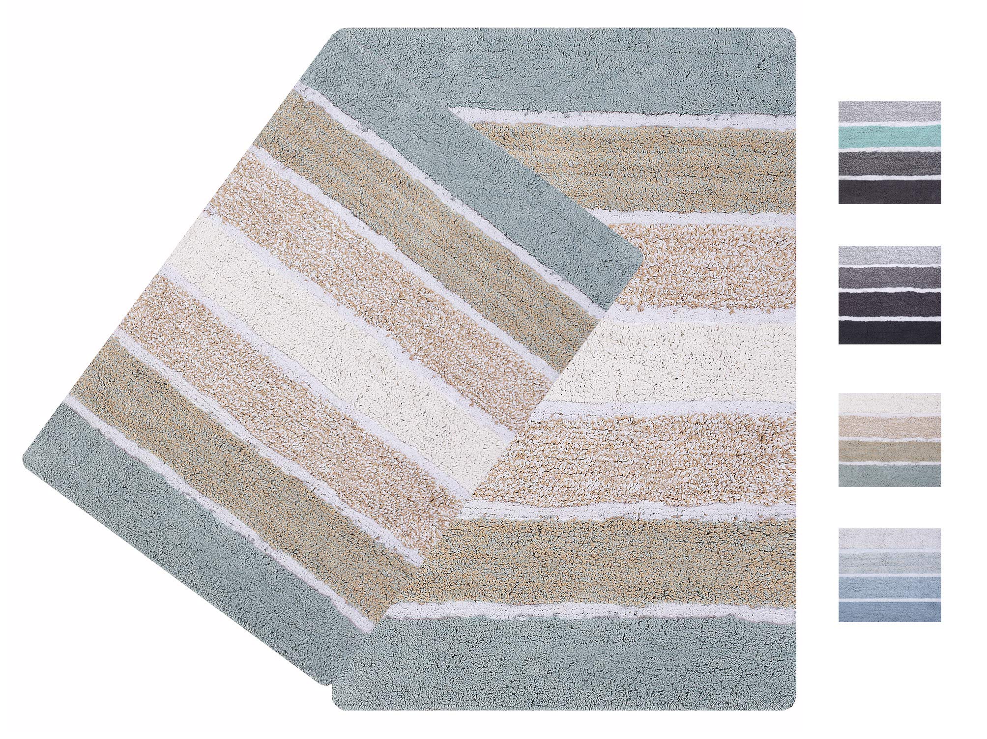 Ramanta Home Quilted Stripe 100% Cotton Bathroom Rug 2 Piece Set - Grey Beige, Anti Skid Super Soft Absorbent Bath Rug for Bathroom, Kitchen, Shower, Machine Washable - 21x32 & 17x24 Inch