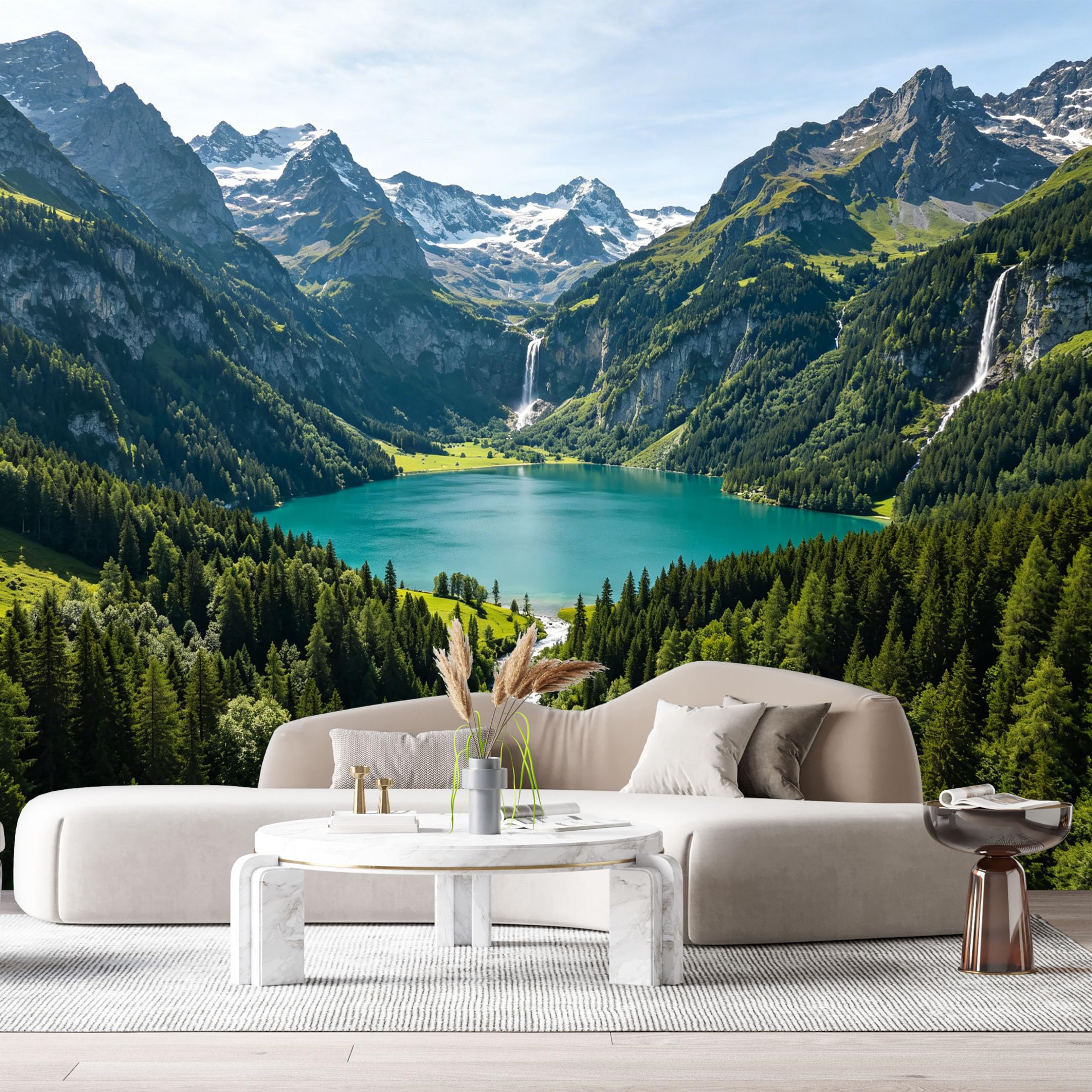Custom Size Wall Murals Alpine Lake Mountain Landscape Waterfall Evergreen Forest 3D SelfAdhesive Wall Fabric Removable Large Wallpaper for Photo Living Room