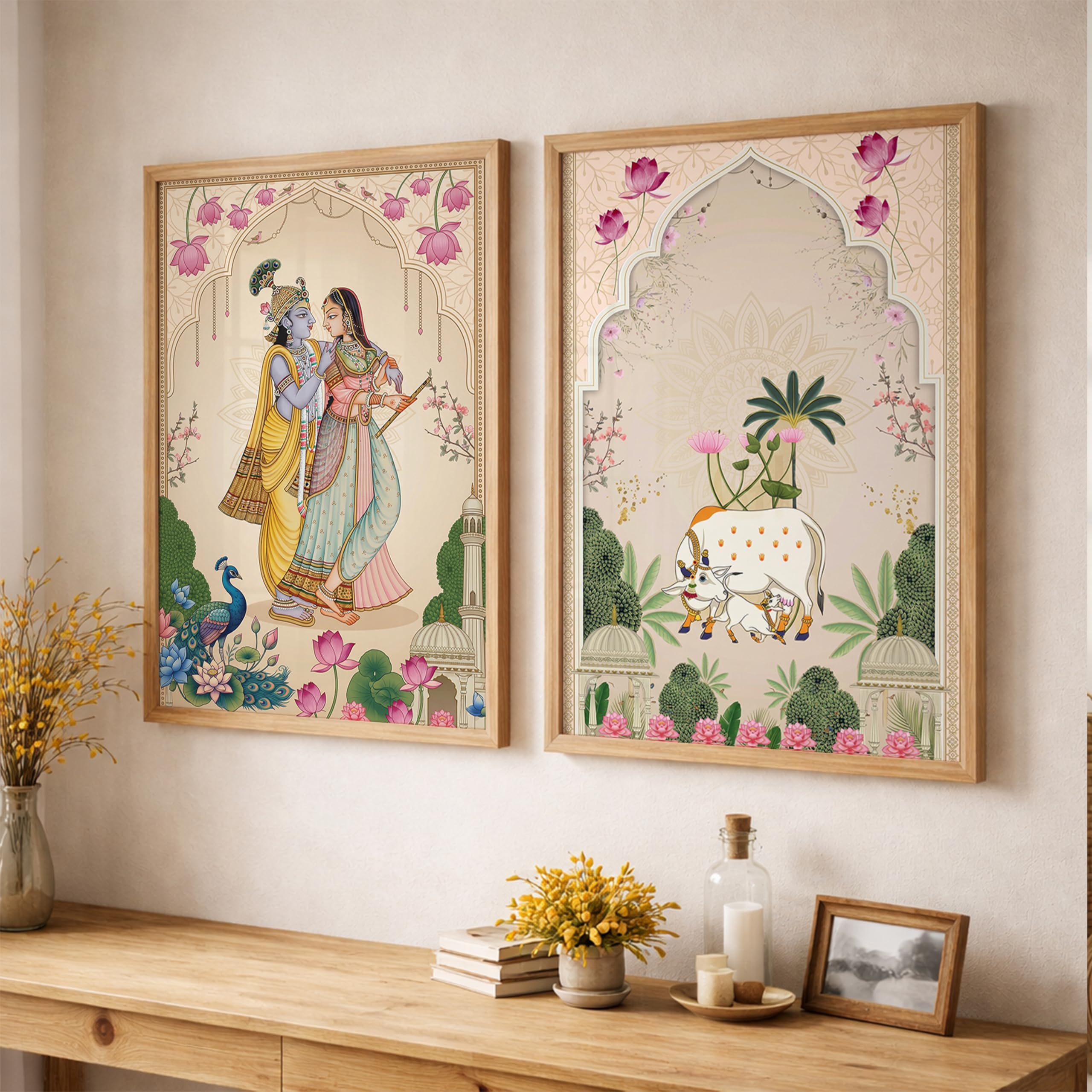 Suneree Pichwai Radha Krishna Kamdhenu Cow Wall Art Painting | Set of 2 Framed Paintings | Traditional Indian Decor for Living Room Pooja Room Home | (ART 3, 13x19 INCHES)-image-7