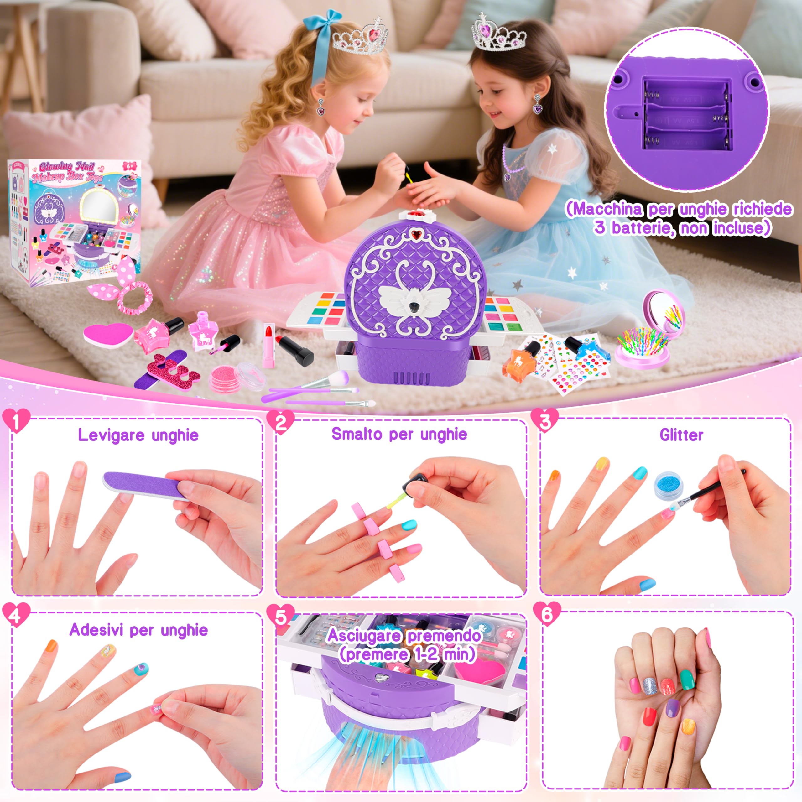 Herenear Kit Unghie Bambina 6-12 Anni, Trucchi Bambina Kit Unghie con Unghie Asciuga, Peel Off Smalto per Unghie, Adesivi Compleanno Manicure Gioco Regalo Ragazza (Viola)