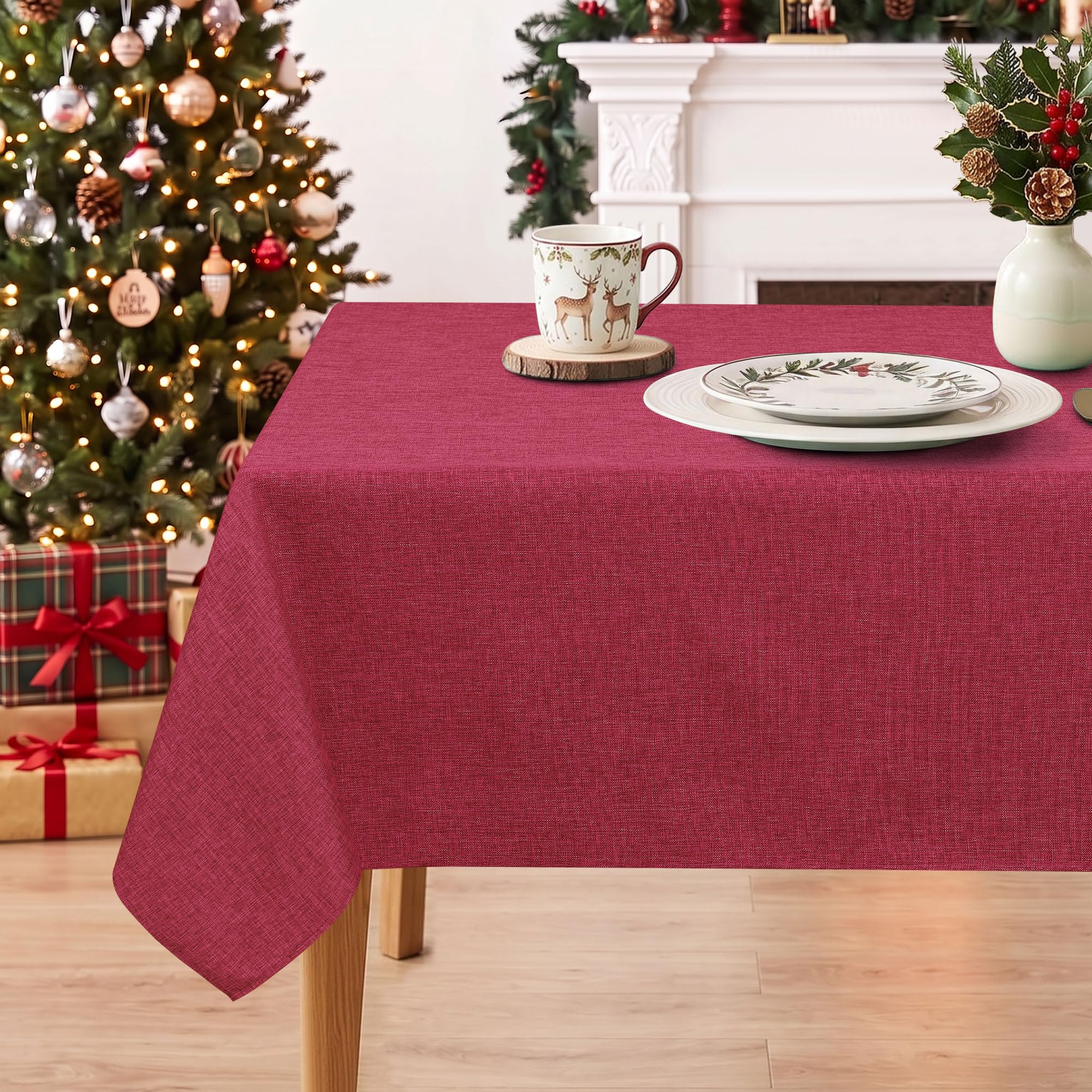 DWCN Red Faux Linen Table Cloth 110x140cm(44x55in) Water Resistant Wipe Clean Tablecloth Rectangular Stain-Resistant Polyester Table Cover for Dining Room, Garden, Cafe, Party