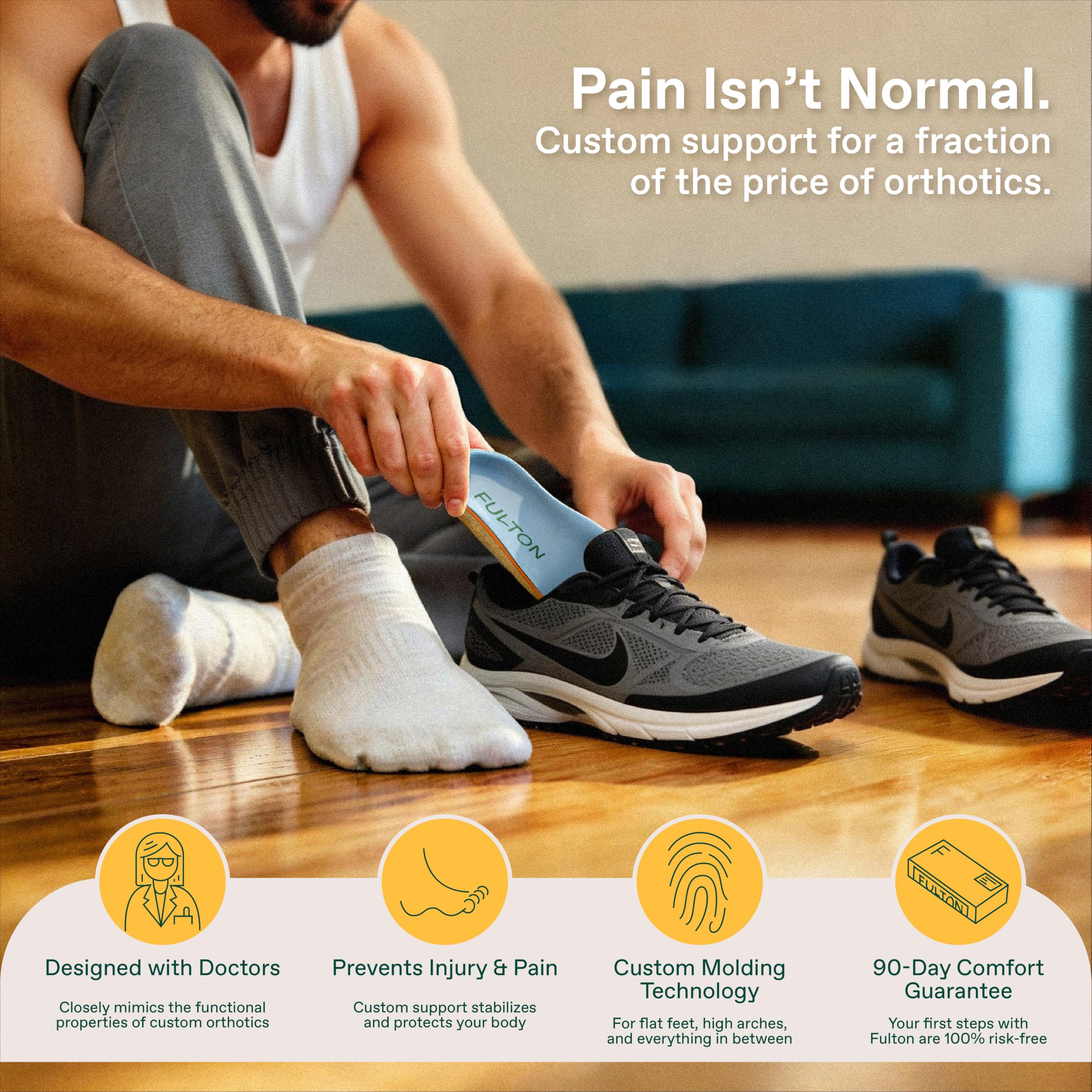 Fulton Plantillas absorbentes de golpes para hombre con soporte de arco de alto impacto, inserciones de corcho moldeadas personalizadas que alivian la fascitis plantar y la fatiga del pie, plantillas