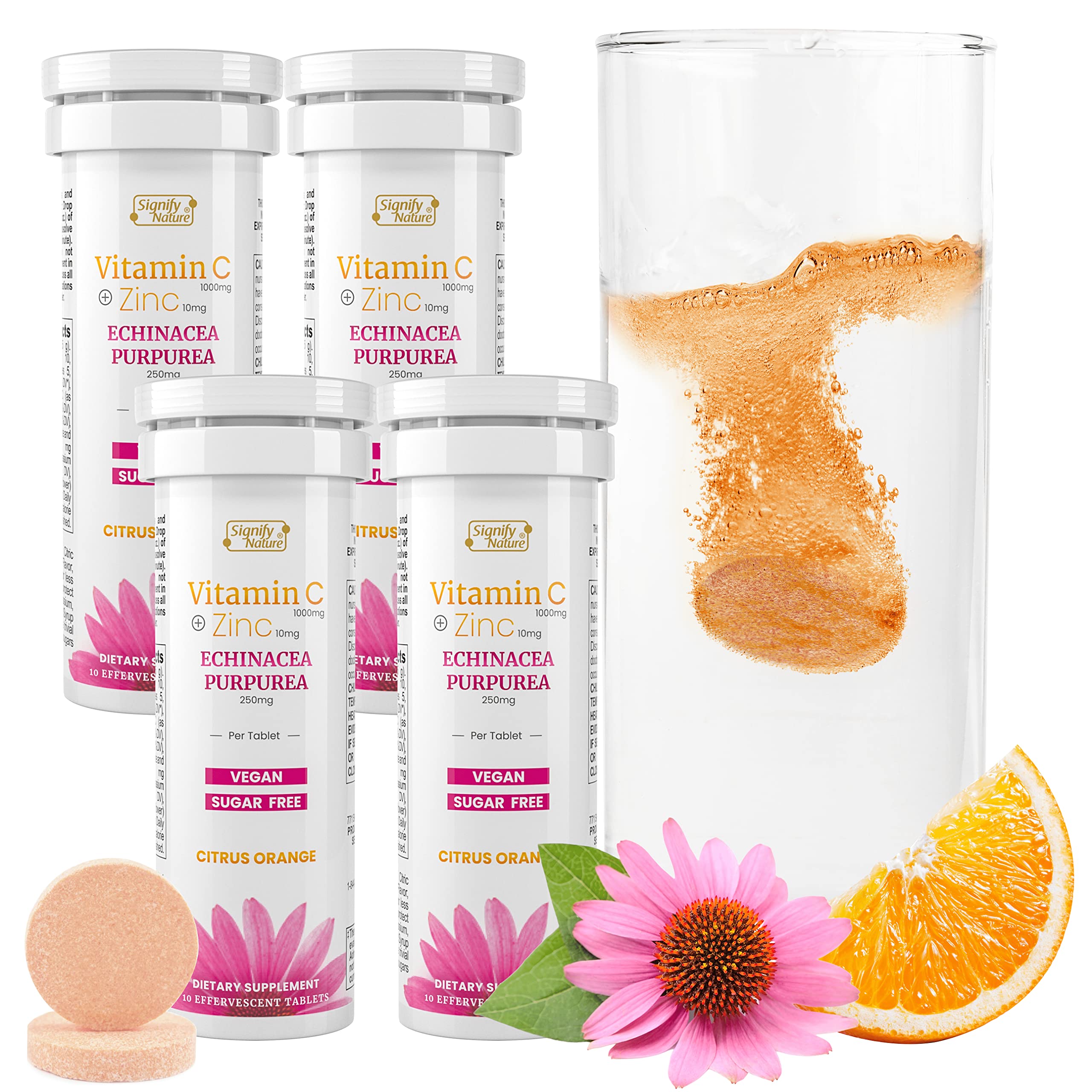 Echinacea Liquid Vitamin C with Zinc– Sugar Free & Vegan Vitamin C 1000mg Immune Support Vitamins Effervescent Tablets for Healthy Drinks, Immunity Booster, Antioxidant – 40-Day Supply