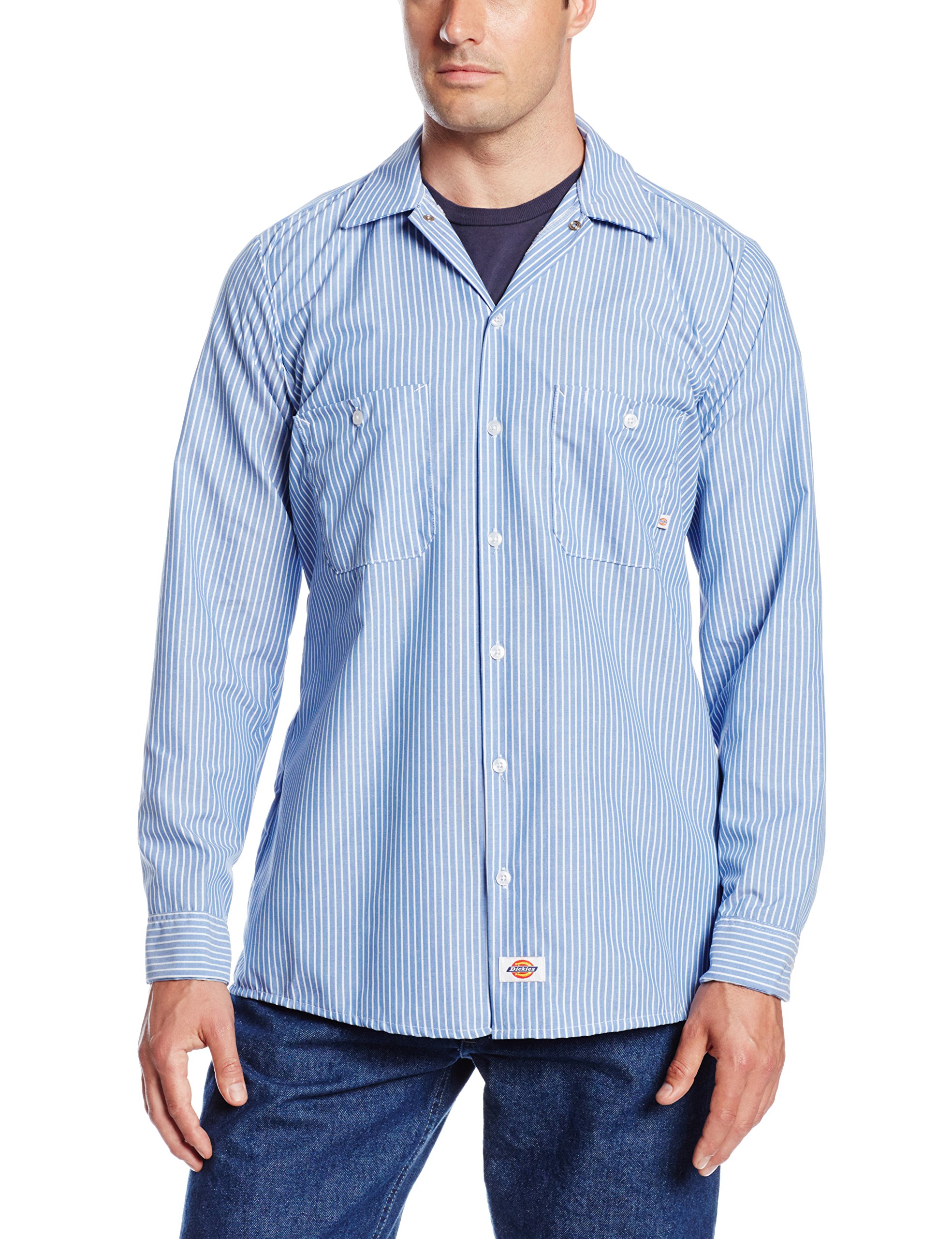 Dickies Occupational Workwear LL535BLS Polyester/Cotton Men's Long Sleeve Industrial Work Shirt, GM Blue and White Stripe