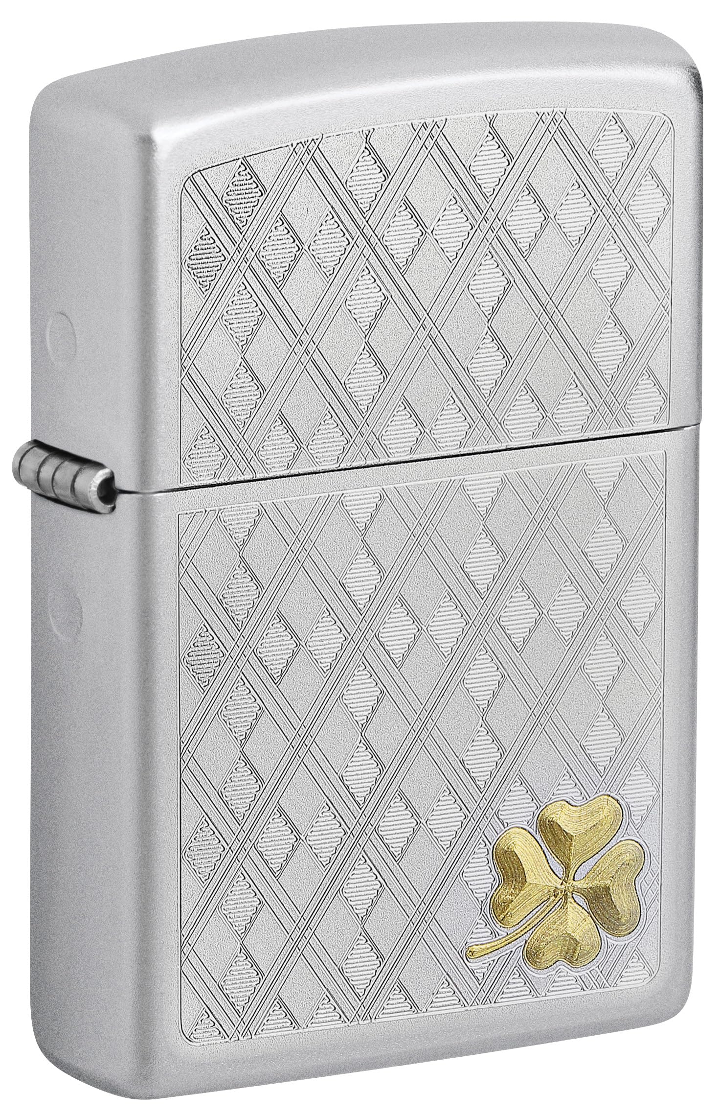 Windproof Lighter, Argyle Clover, Satin Chrome, Auto Two-Toned, Refillable, Reusable, Windproof Design, Gift Box, Made in the USA