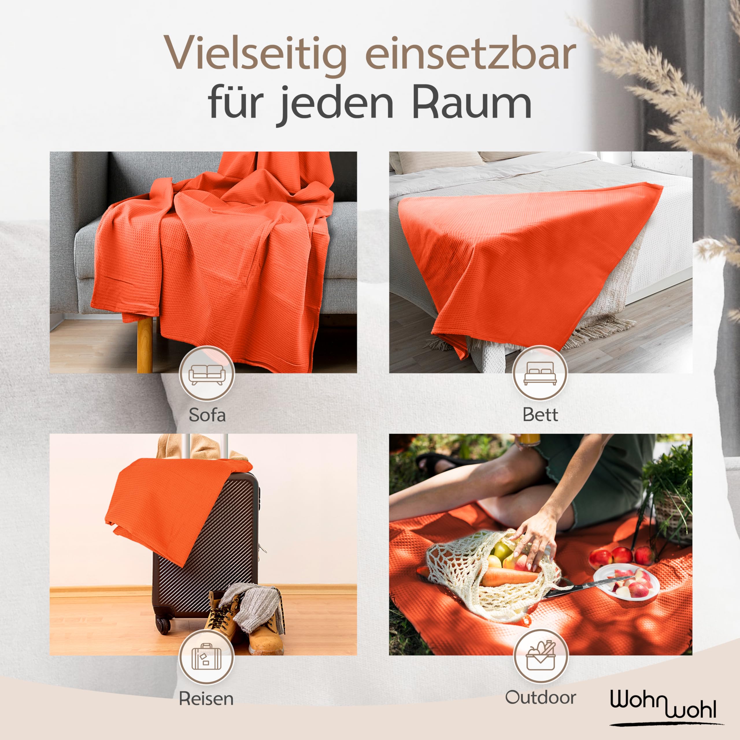 Tagesdecke 150x200cm 100% Baumwolle Waffelpique Sommerdecke Koralle