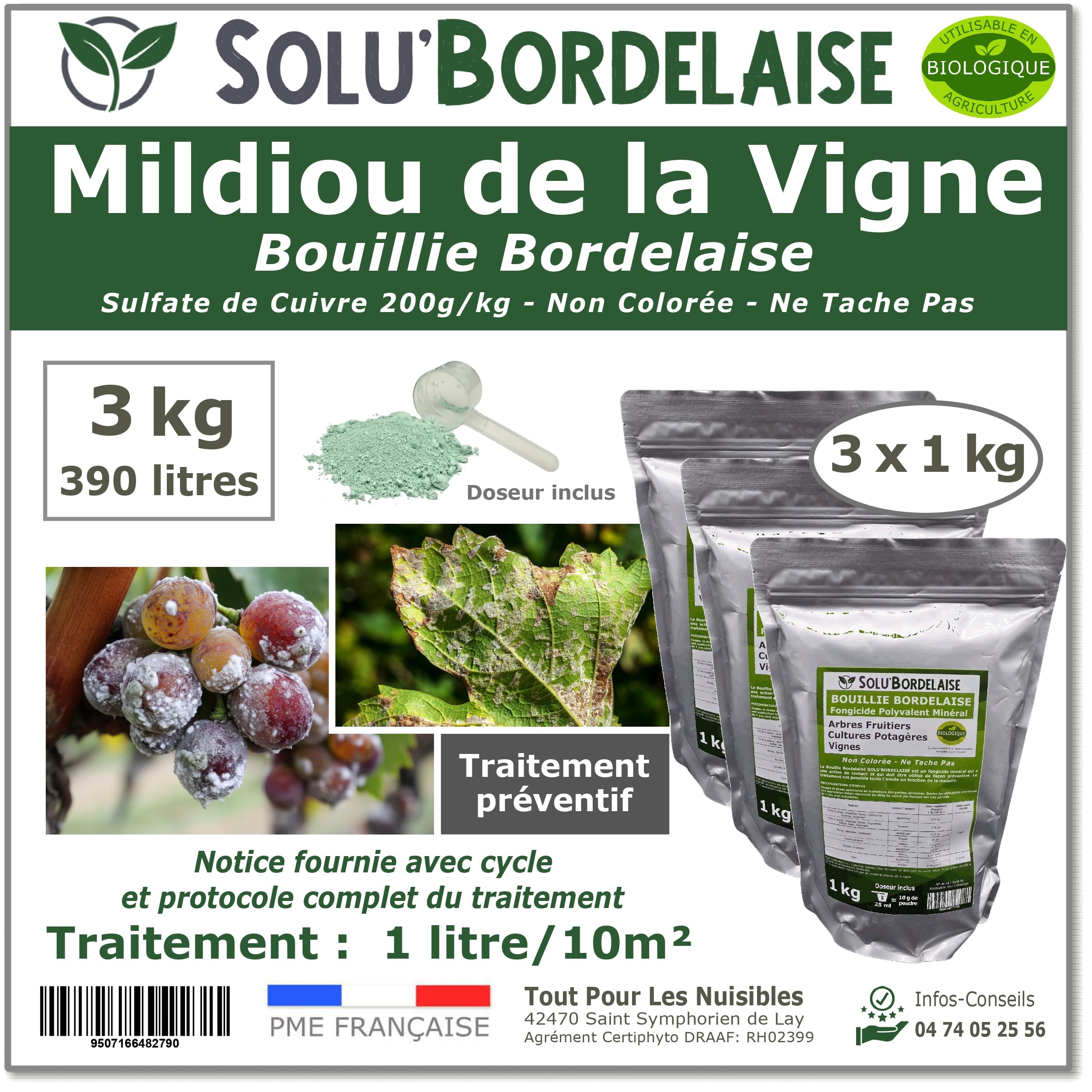 Solu'Bordelaise - 3 kg de Bouillie Bordelaise - Mildiou de la Vigne - Utilisable Agriculture Biologique - 3 Sachets Refermable de 1 kg