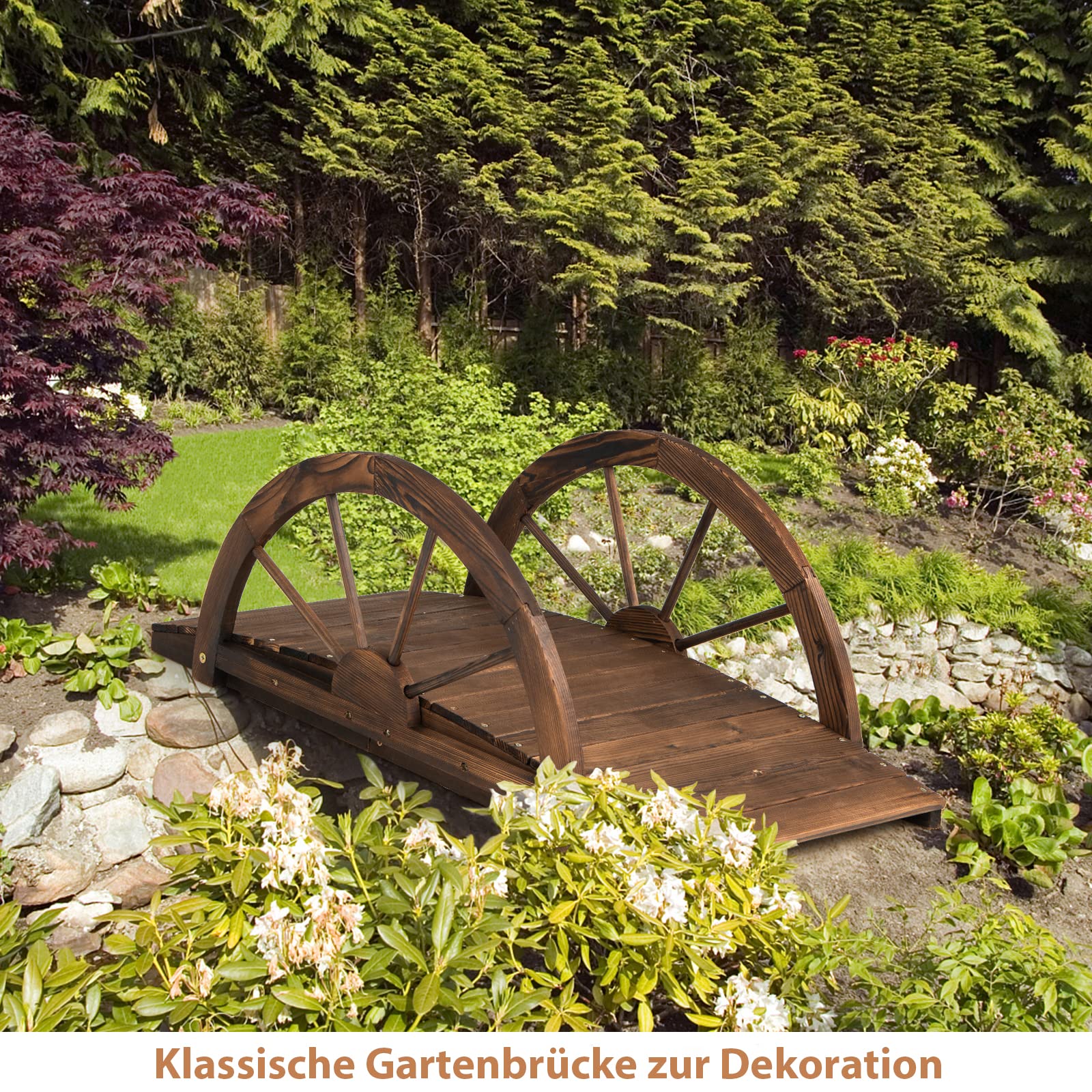 COSTWAY Brücke, Teichbrücke Gartenbrücke, Holzbrücke mit doppeltem Halbradgeländer, Dekobrücke Holzsteg aus Tannenholz, Zierbrücke für Garten, Teich, 101 x 48,5 x 38 cm