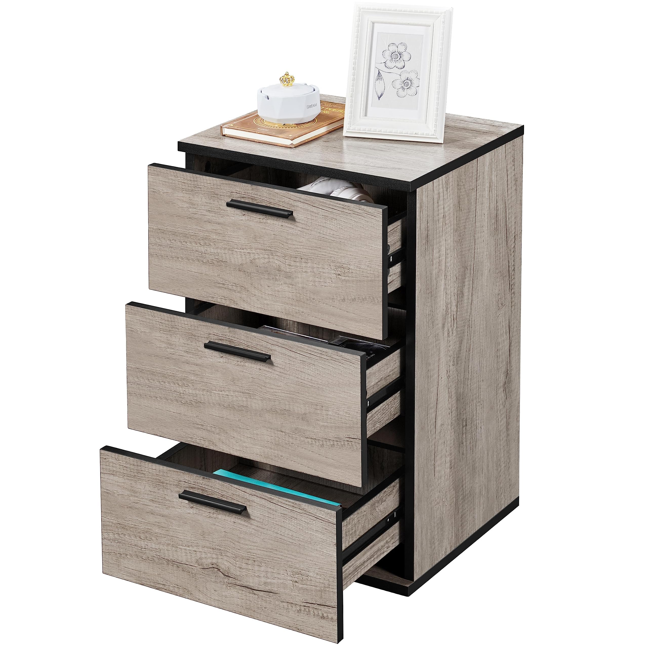 Yaheetech 2 x Nachttisch Nachtschrank Nachtkommode 3 Schubladen 60cm hoch Schubladenschrank Beistelltisch Metallgriffe Nachtkonsole für Schlafzimmer/Wohnzinmmer, Grau