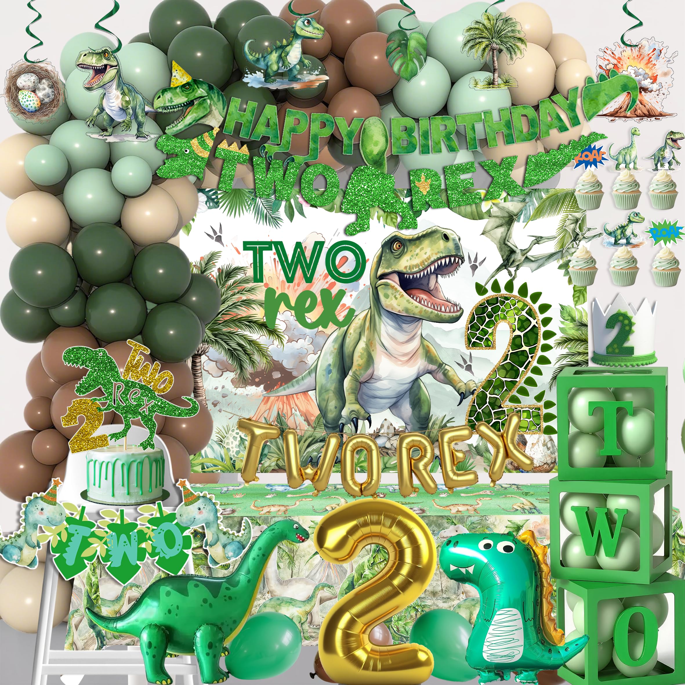 Two Rex Birthday Decorations Boy,Dinosaur 2nd Birthday Party Decorations Boys ,2 Rex Dinosaur Dino Party Decor Supplies - Backdrop, Banner, Tablecloth