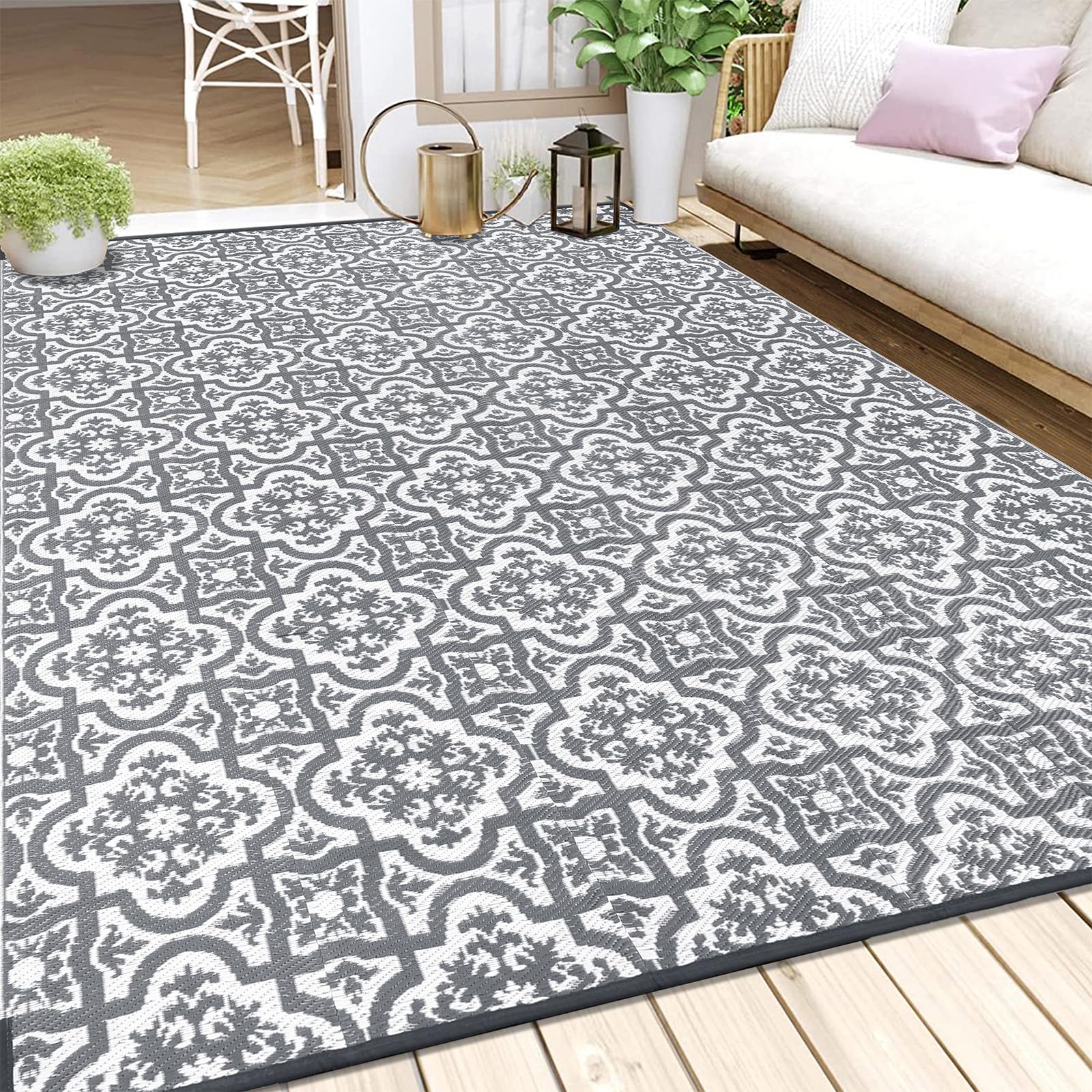 Enyhom Große Outdoor-Teppiche für den Garten, wasserdicht, 240 x 300 cm, wendbare Outdoor-Matten, Kunststoff-Strohteppich, tragbar, faltbar, Picknick, gewebter Teppich für Wohnmobil, Terrasse, Grau