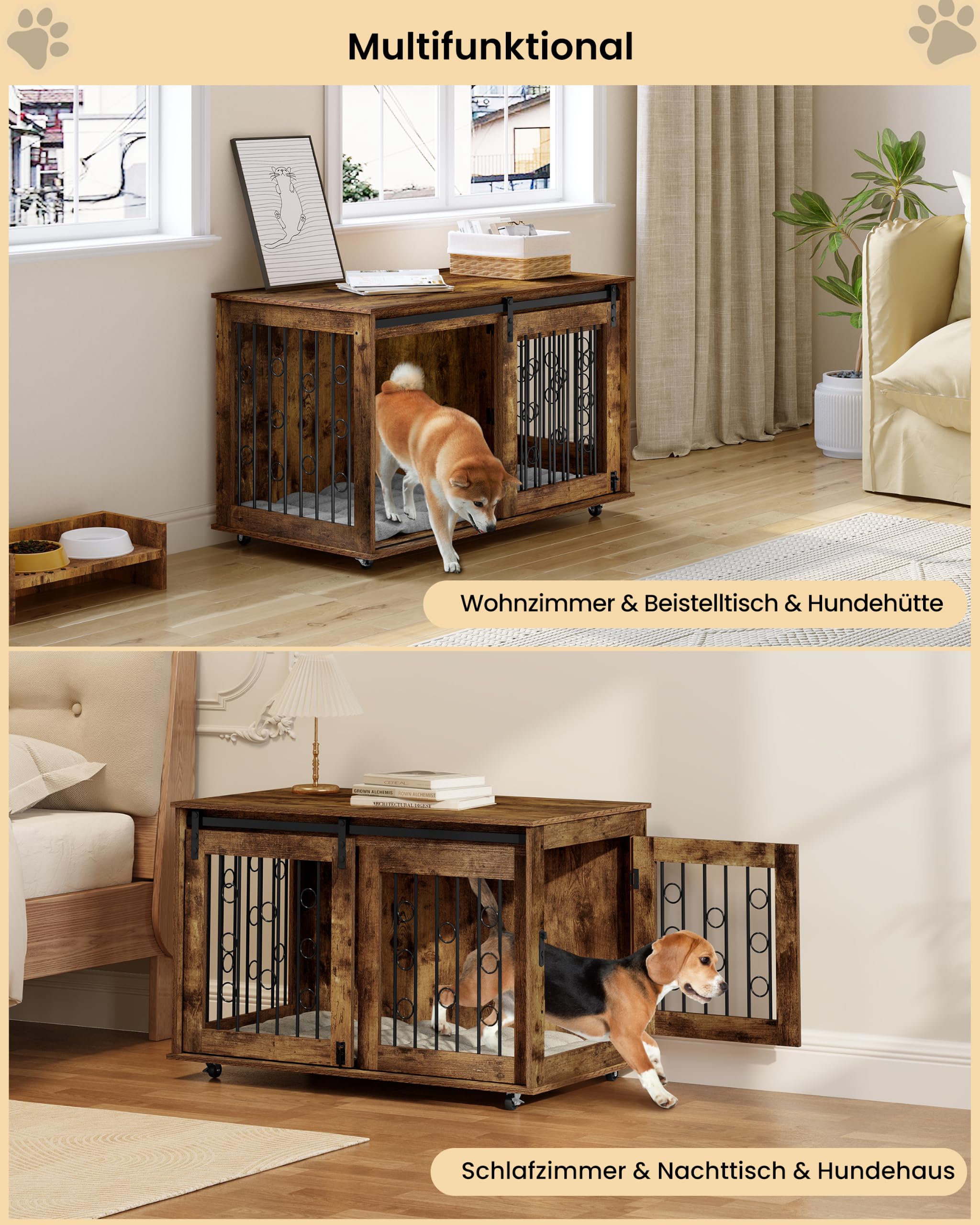 EUGAD Hundekäfig Möbel, Hundebox für Zuhause mit 2 Tür 5 Rädern, Hundebox Holz Kleine/Mittlere Hunde bis zu 60kg, Hundekäfig für Zuhause Dekorative Hundeschrank Vintagebraun 100x56x58cm