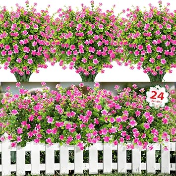 Ouddy Decor 24 Bundles Artificial Flowers for Outdoors Decoration Fake Flowers UV Resistant Faux Plastic Greenery Eucalyptus Plants for Spring Summer Garden Patio Indoor Outdoor Home Decor, Pink