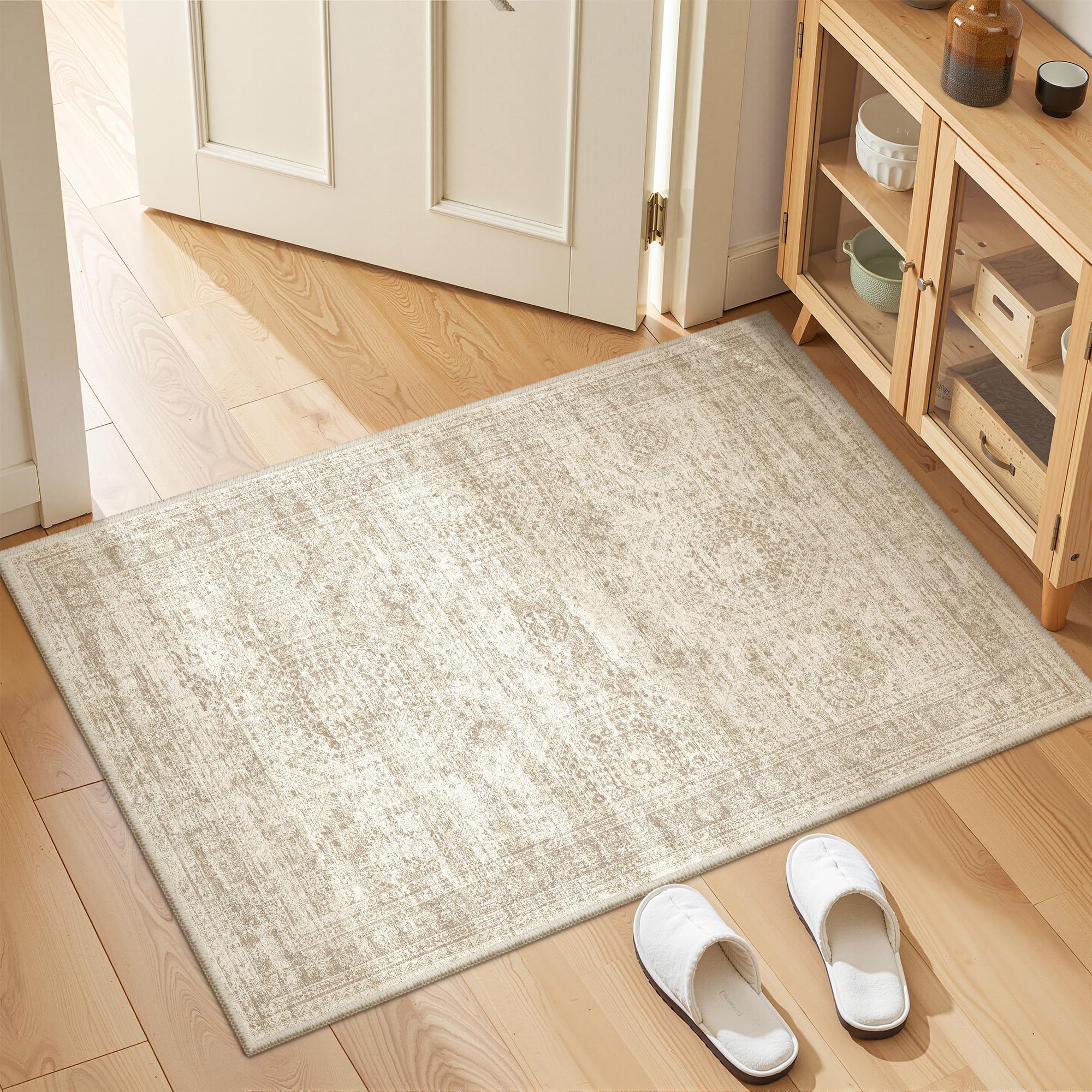 Restydon 2x3 Washable Rug Runner for Bathroom, Soft Entryway Rug for Laundry Room, Kitchen, Vintage Abstract Hallway Runner for Bedroom, Anti-Slip Door Mat Indoor Entrance(2'x3', Beige/Ivory) — image 1