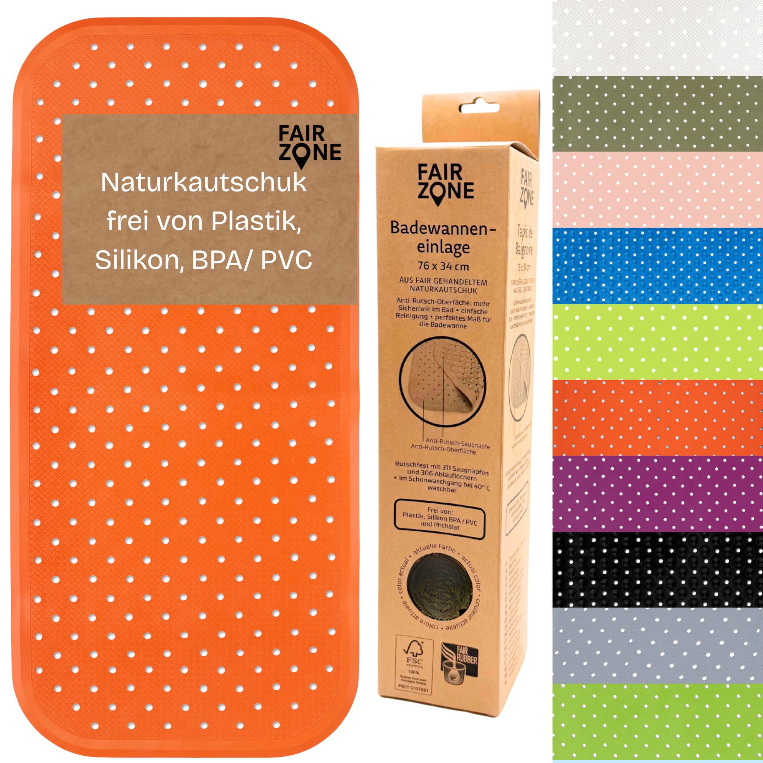 Tapis de bain antidérapant orange corail en caoutchouc naturel FSC 76x34 cm