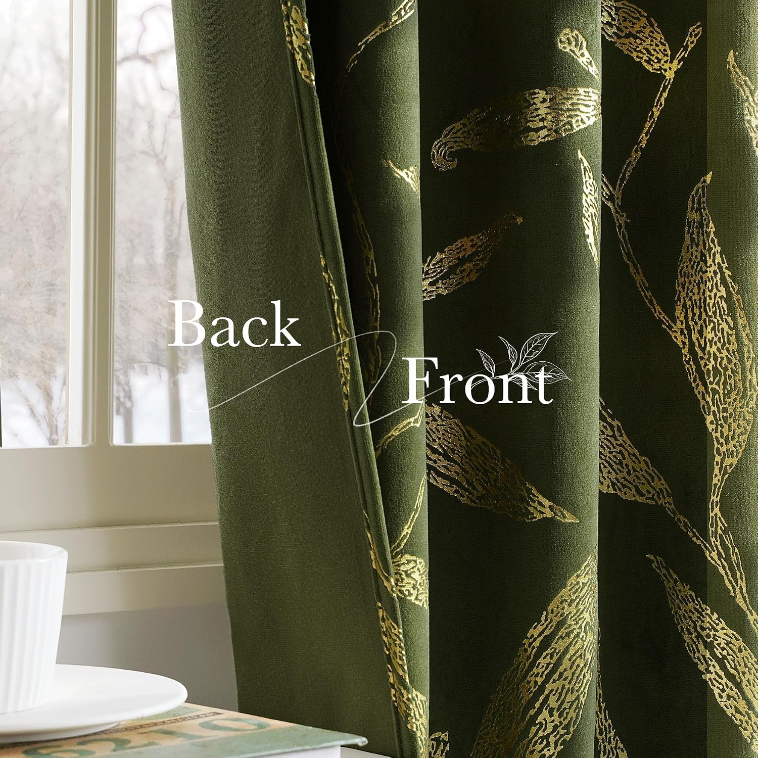 NICETOWN Leaf Patterned Green Velvet Curtains 96 inches Long 2 Panels Gold Foil Printed - Room Darkening Drapes for Living Room, Thermal Insulated Soft Luxury Home Decor for Bedroom, W50 x L96