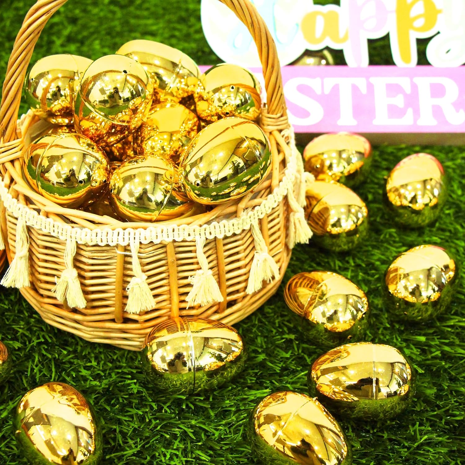 OCTERIC 18Pcs Easter Eggs Bulk, 2.3" Fillable Shiny Golden Metallic Plastic Easter Eggs Empty for Easter Hunt, Easter Basket Stuffers, Party Favor, Classroom Prize Supplies