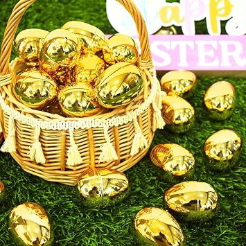 OCTERIC 36Pcs Easter Eggs Bulk, 2.3 Fillable Shiny Golden Metallic Plastic Easter Eggs Empty for Easter Hunt, Easter Basket Stuffers, Party Favor, Classroom Prize Supplies