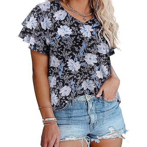 IN'VOLAND Womens Plus Size T Shirt V Neck Loose Fit Ruffle Sleeve Summer Hollow Casual Tops Blouse