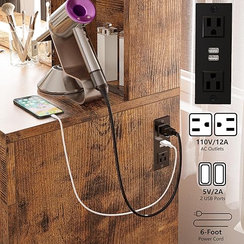 Miniatura 5 de IRONCK Juego de escritorio de tocador con espejo grande con luz LED y toma de corriente, 7 cajones, tocadores, mesa de maquillaje con banco de