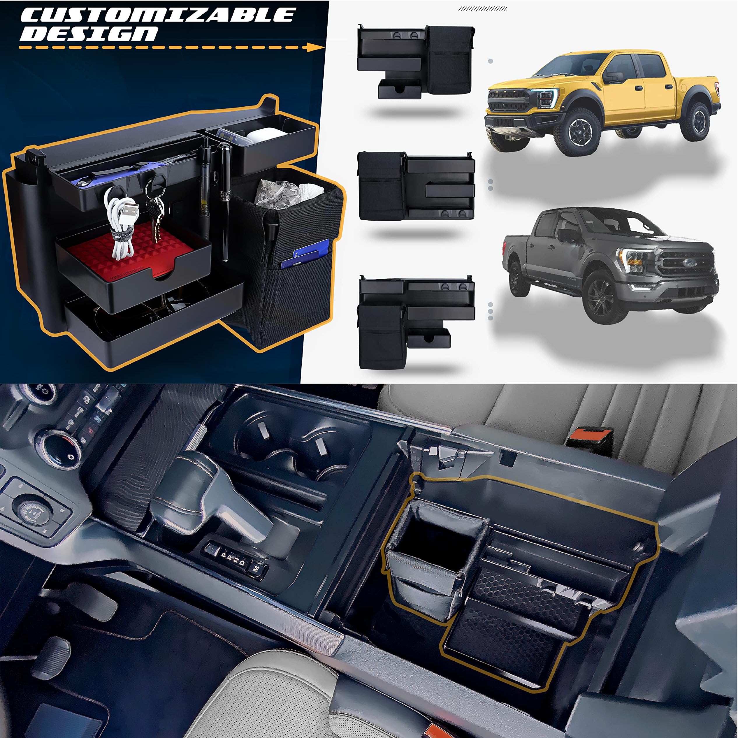 Customizable Center Console Organizer - Vertical Truck Center Console Organizer Insert Tray - Compatible with 2022 2023 Ford Raptor, F250, F350, F450 F550 & 2021 2022 2023 Ford F150