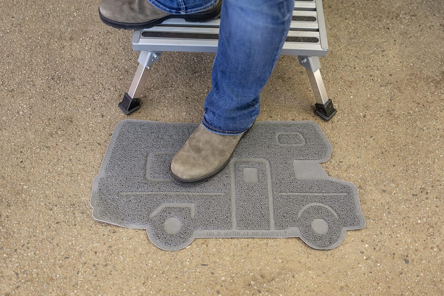 Camco Life is Better at The Campsite Scrub Rug | Ideal for Dirt Removal | Features a Gray, Retro Class-C RV Shaped Design | Measures 26-½-inches (W) x 14-9/16-inches (H) (53115)