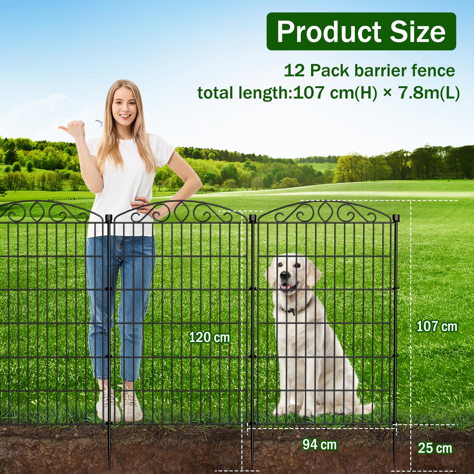 12 Panel No Dig Decorative Garden Fence - 107cm H x 7.8 m L, Tall Animal Barrier for Dogs Rabbits, Rustproof Metal Wire Panels for Yard, Patio, and Outdoor Border Use — view 2
