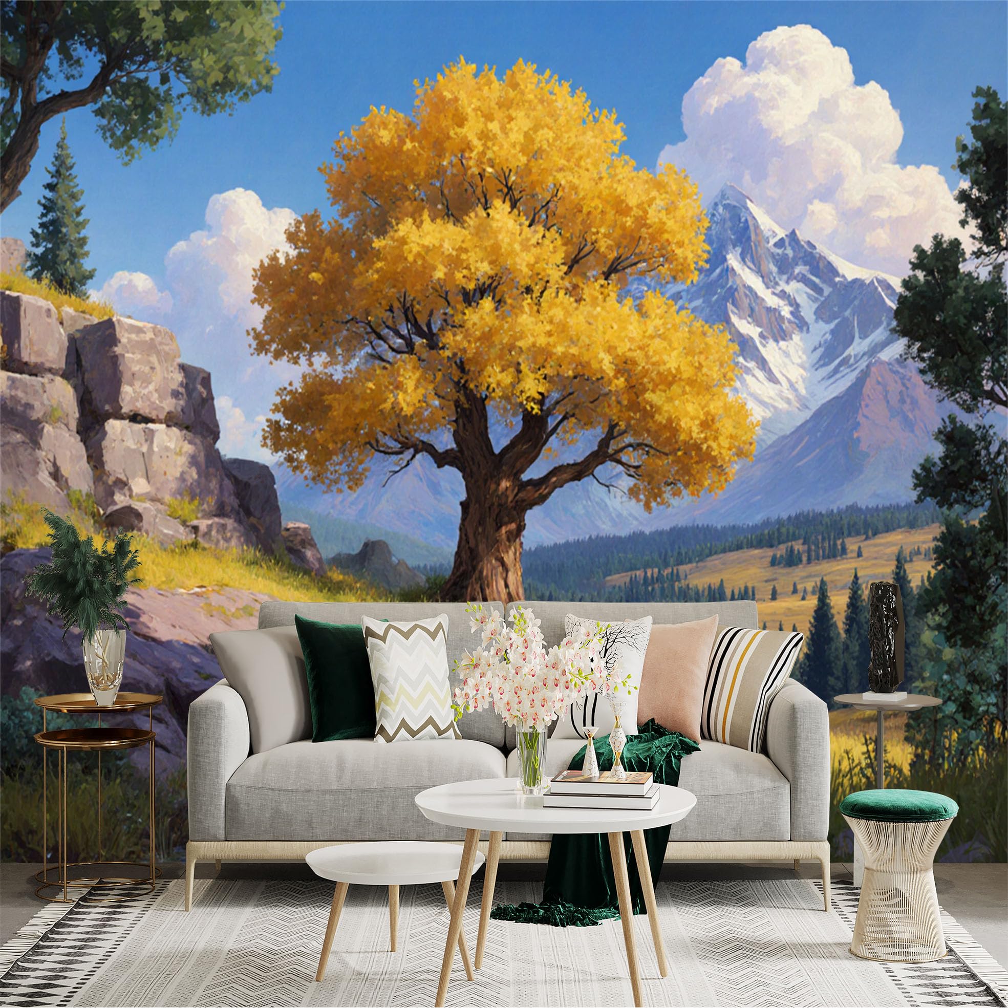 Custom Size Wall Sticker Mural， Golden Autumn Tree in Meadow， Snowy Mountain Peaks， Flowing Stream， Scenic Nature Landscape， for wall Decoration， peelandstick wall Decals.