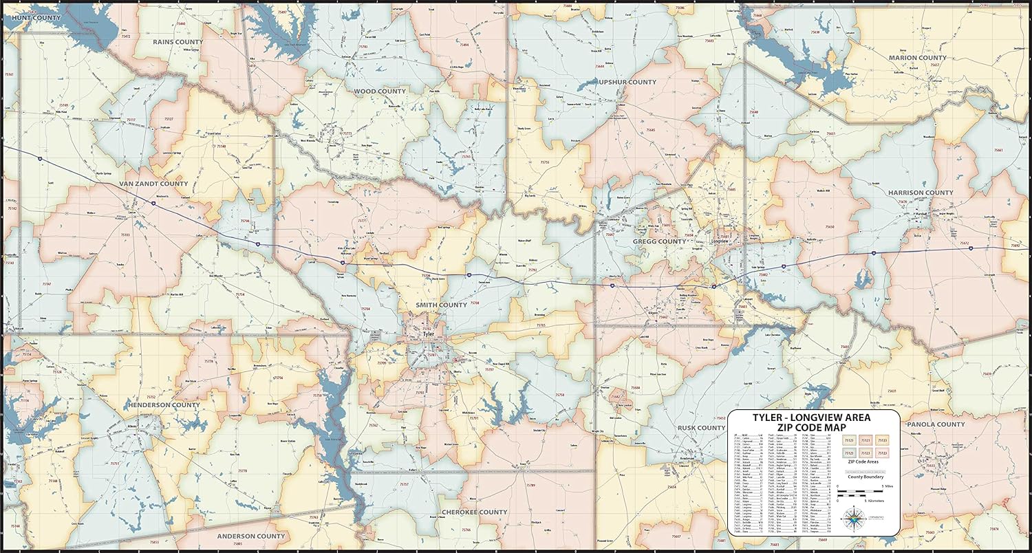 Tyler TX ZIP Code Laminated Map (60” wide x 32” tall)
