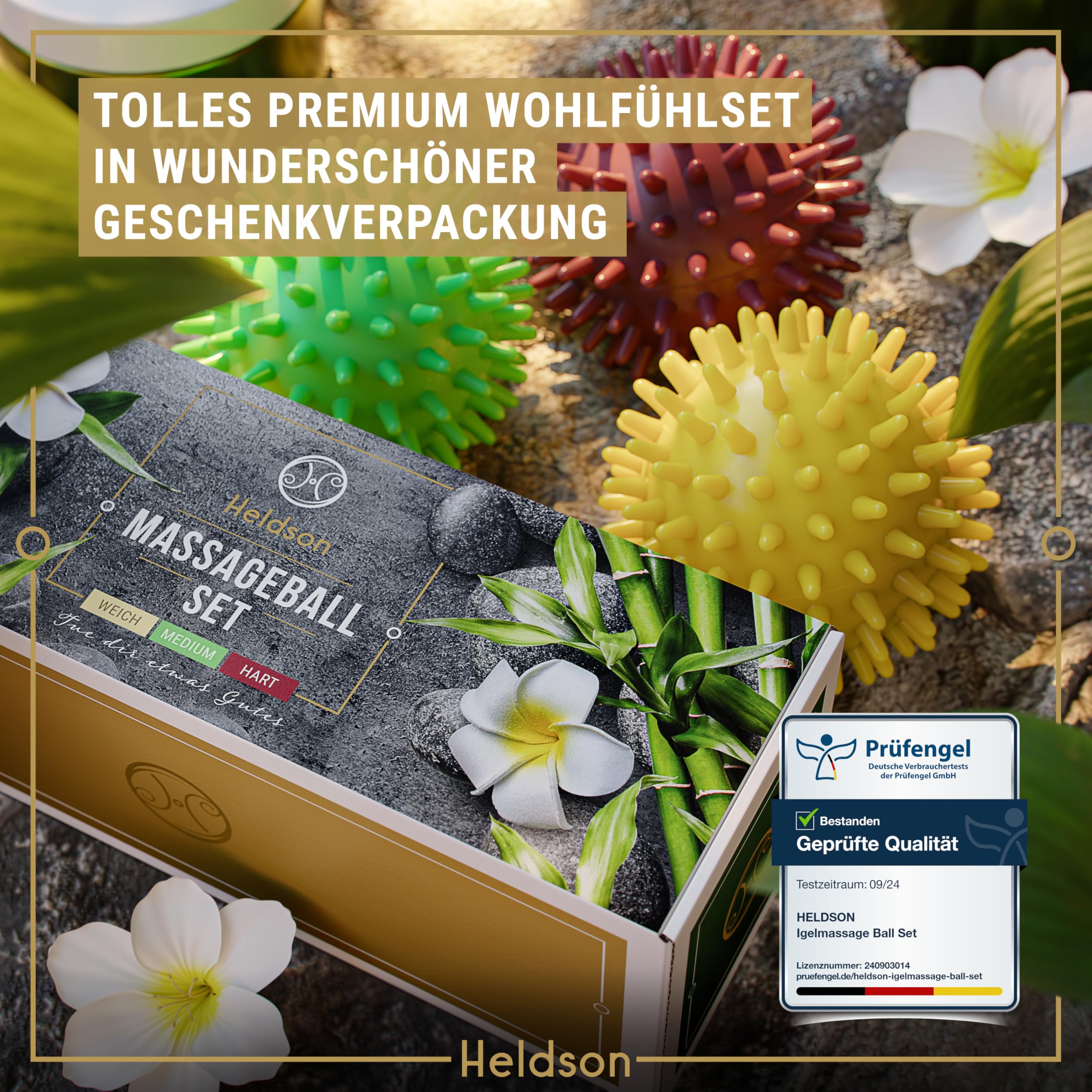 HELDSON® Zestaw piłek do masażu premium [3 stopnie twardości] – piłka do masażu stóp z jeżem twarda, miękka – piłka z wypustkami – małe piłki do masażu powięzi – piłka do masażu powięzi – piłka do
