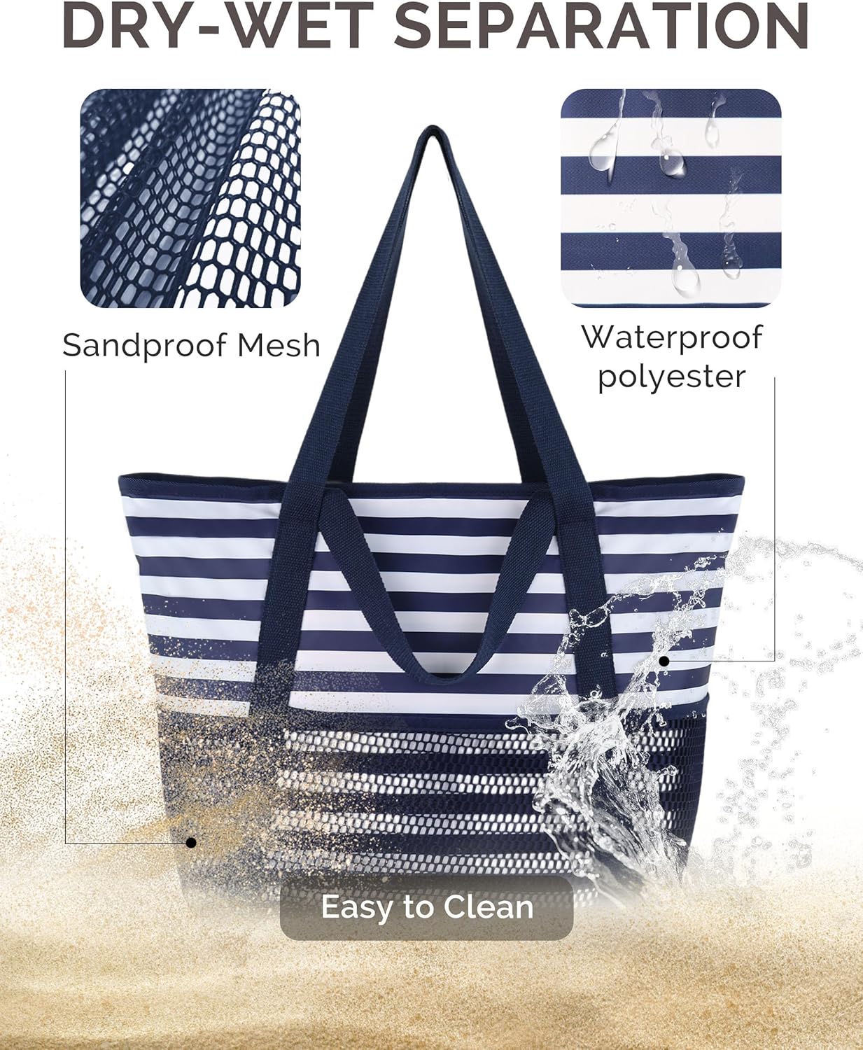 HOMESPON Beach Bag Large Waterproof Sandproof Foldable Tote for Women with Zipper Mesh Pockets for Pool Swim Travel Everyday - Image 5