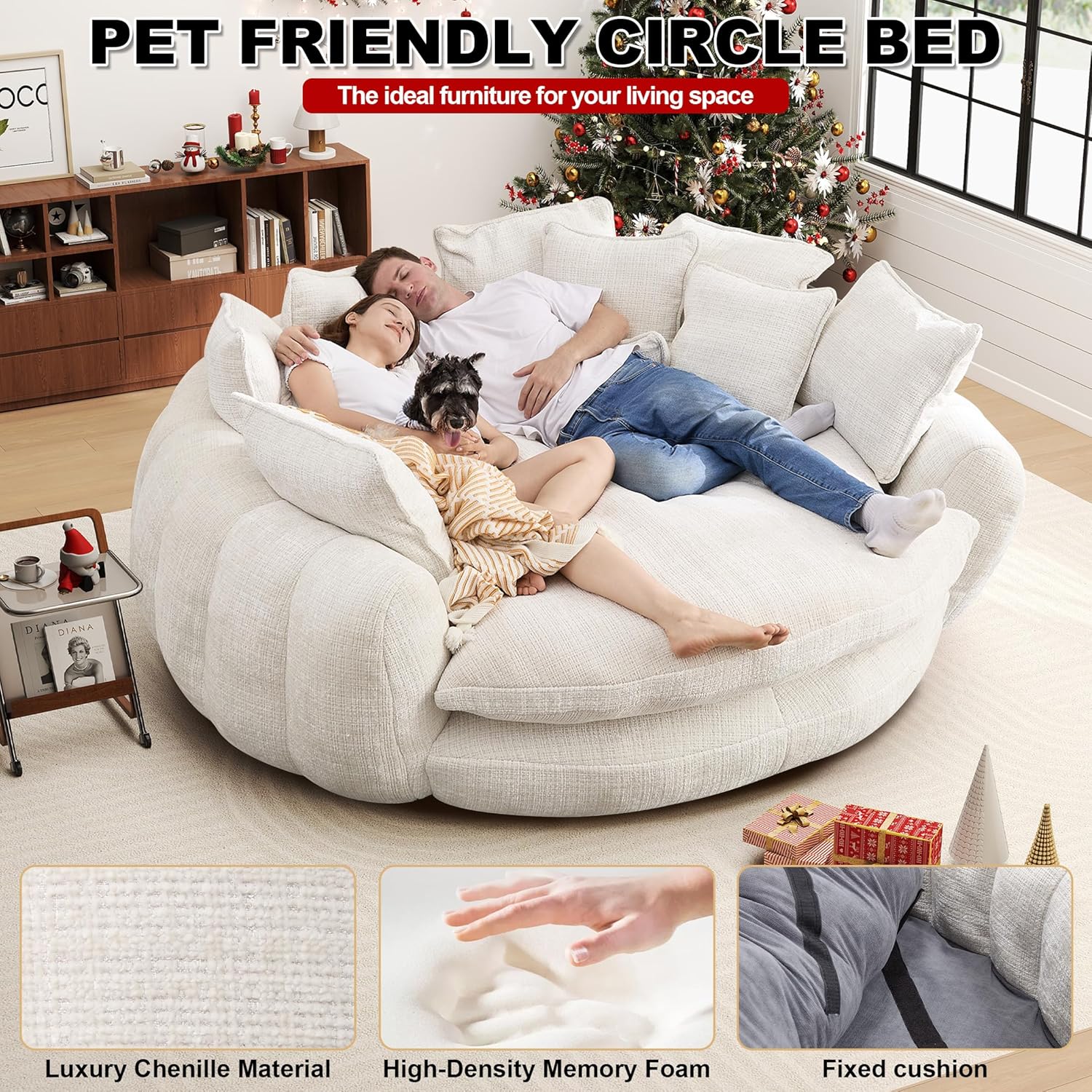 81.1" Cloud Couch Sleeper Sofa, Oversized Round Chaise Lounge Chair Indoor, Modern Chenille Boneless Couch with 14 Pillows, Upholstered Barrel Daybed, Memory Foam Sofas for Living Room, Beige