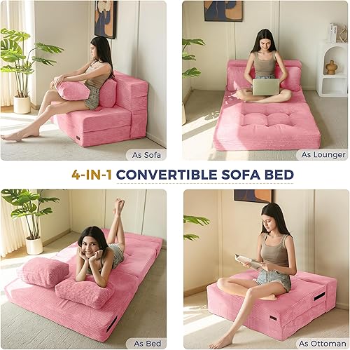 Miniatura 4 de MAXYOYO Sofá cama convertible, sofá cama plegable con almohada, sofá plegable 4 en 1, sofá cama plegable copetudo, sofá cama de espuma para el