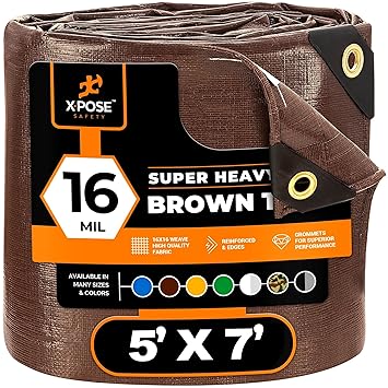 Super Heavy Duty 16 Mil Brown Poly Tarp Cover - Thick Waterproof, UV Resistant, Rip and Tear Proof Tarpaulin with Grommets and Reinforced Edges - by Xpose Safety (5' x 7')