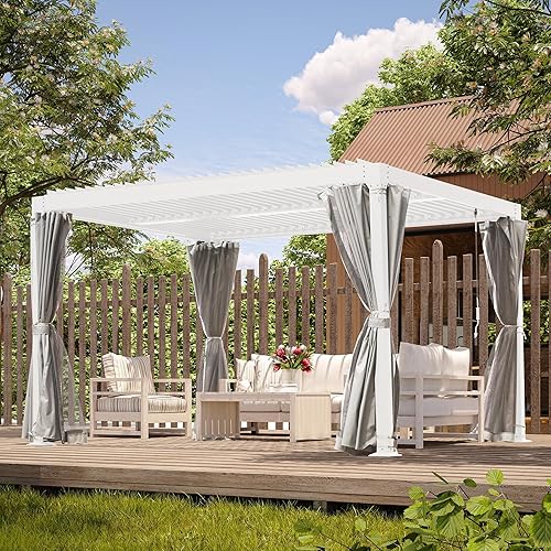 Miniatura 2 de Pergola con listones de 10 x 10 pies, toldo de aluminio para exteriores con cortinas de techo ajustables y malla para patio, terraza, jardín, patio,