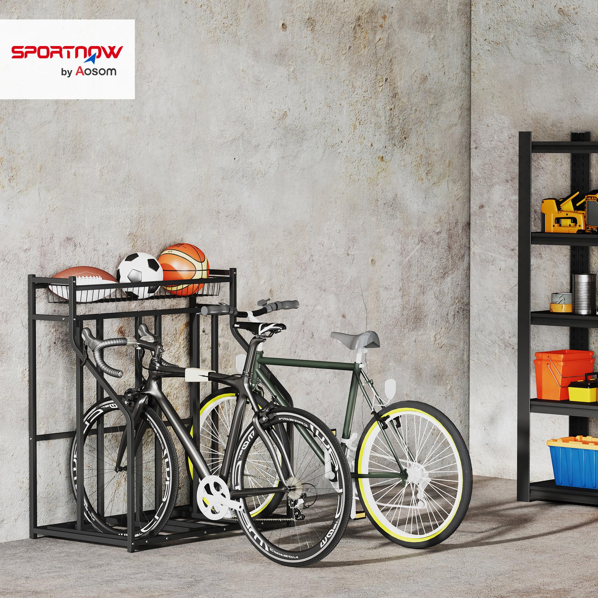 SPORTNOW Stojak rowerowy, parking 3 rowerowy, górny kosz, czarny | 4 regulowane haczyki typu S, miejsce na rower szosowy, MTB, hybrydowy, dla dorosłych lub dzieci