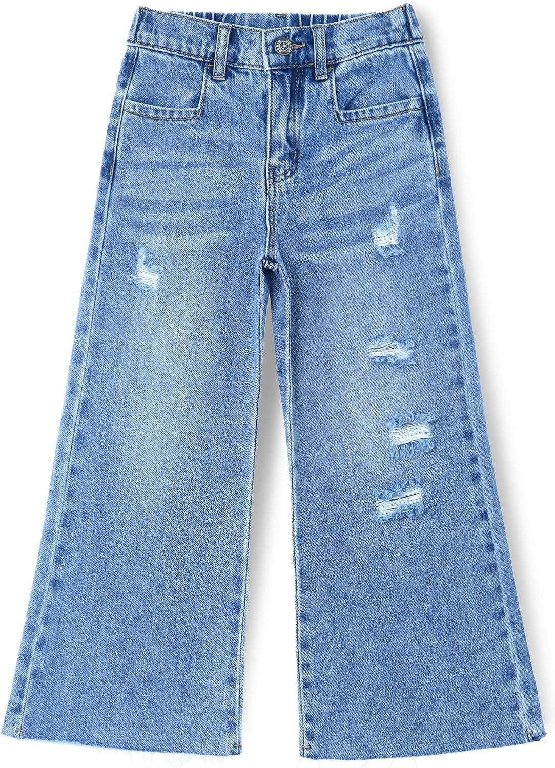 KIDSCOOL SPACE Girls Slim Fit Wide-Leg Jeans, Raw Edge Hem Ripped Holes Denim Pants