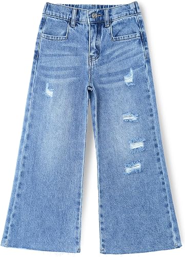 KIDSCOOL SPACE Girls Slim Fit Wide-Leg Jeans, Raw Edge Hem Ripped Holes Denim Pa