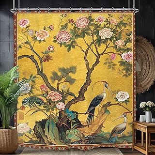 Yookeb Vintage Flower Floral Bathroom Shower Curtain 60W by 71H Inch Retro Crane Tree Chinese Botanical Art Polyester Fabric 12 Plastic Hooks Waterproof Decor