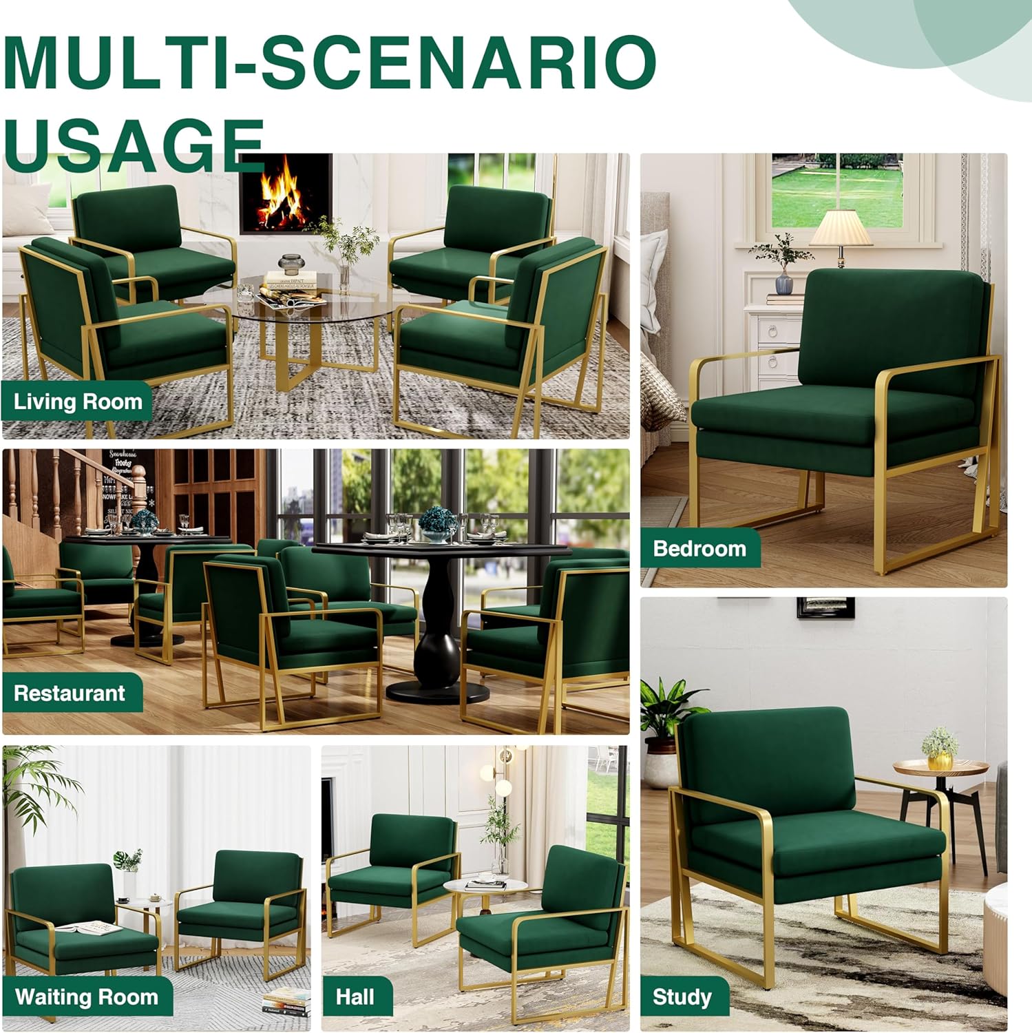ALISH Accent Chairs Set of 2, Upholstered Armchair Modern Living Room Chairs Linen Arm Chair Side Sofa Chairs Reading Chairs with Metal Legs for Bedroom, Living Room (Green，Set of 2)
