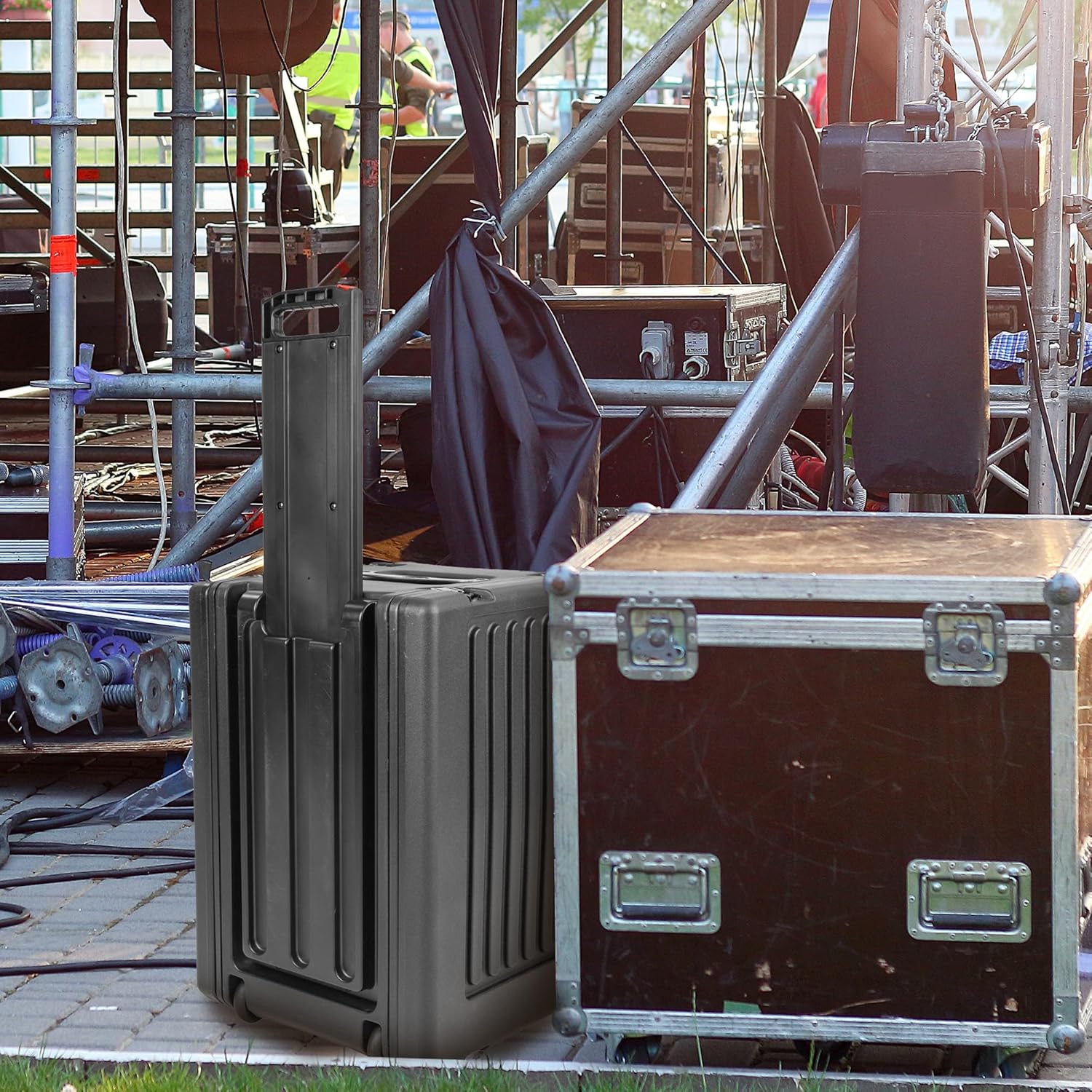 SKB 8U rSeries Shallow Rolling Rack with Integrated Back Wheels and 1-Touch Pull Handle, Comes with 8 Rack Units and Interlocking Molded Stacking Bars