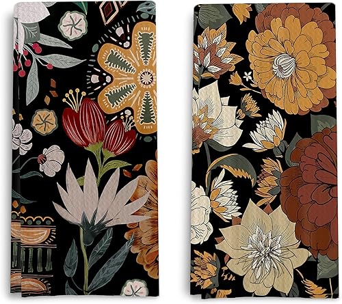 Miniatura 6 de Juego de 2 toallas de cocina florales abstractas bohemias rosas y beige, toallas de mano florales groovy retro de los años 70 para decoración de