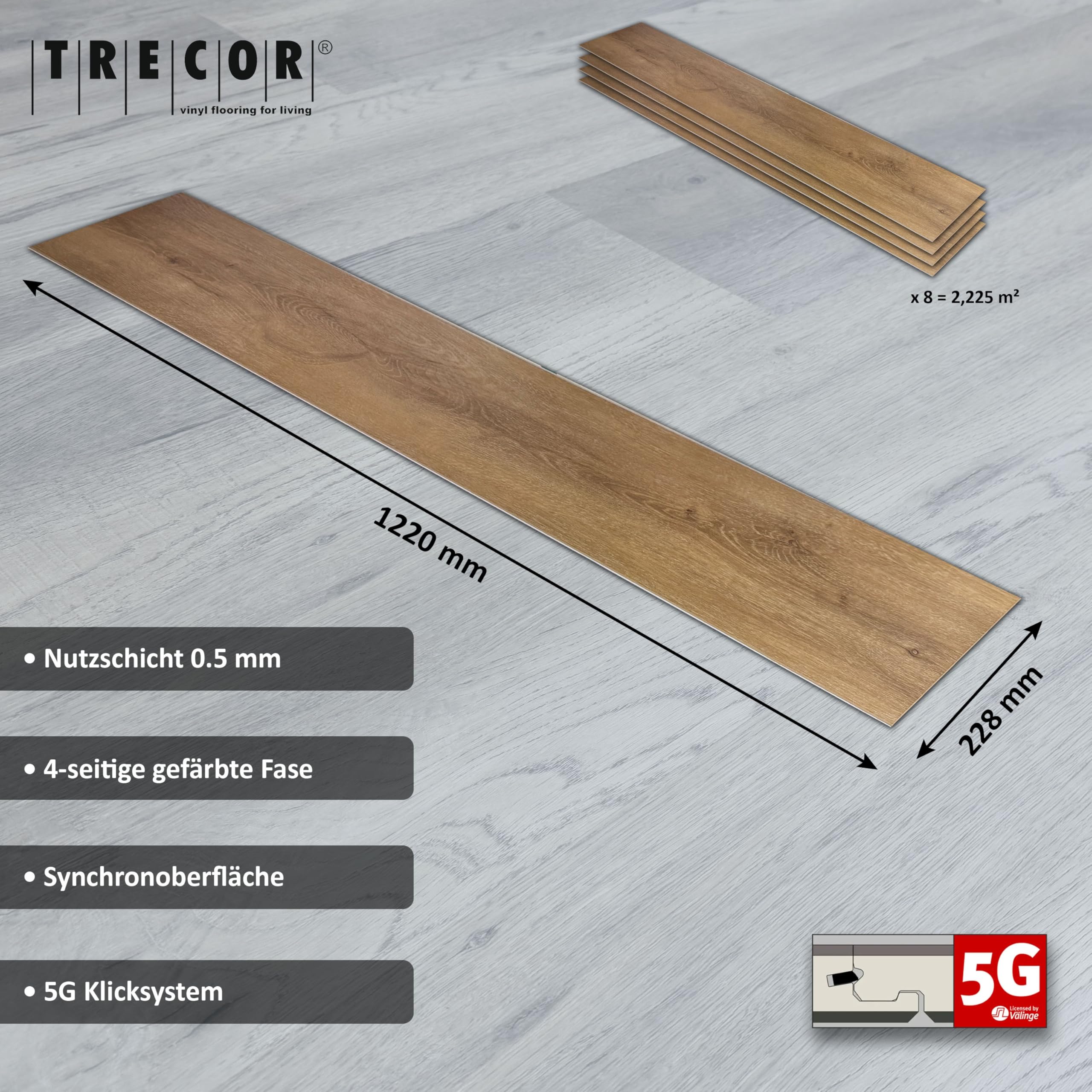 TRECOR Klick Suelo de vinilo XXL, tablón de 6,5 mm de grosor, con capa de desgaste de 0,5 mm, incluye sonido de impacto, resistente al agua, 1 m² (1 m², suelo de vinilo, roble natural oscuro)