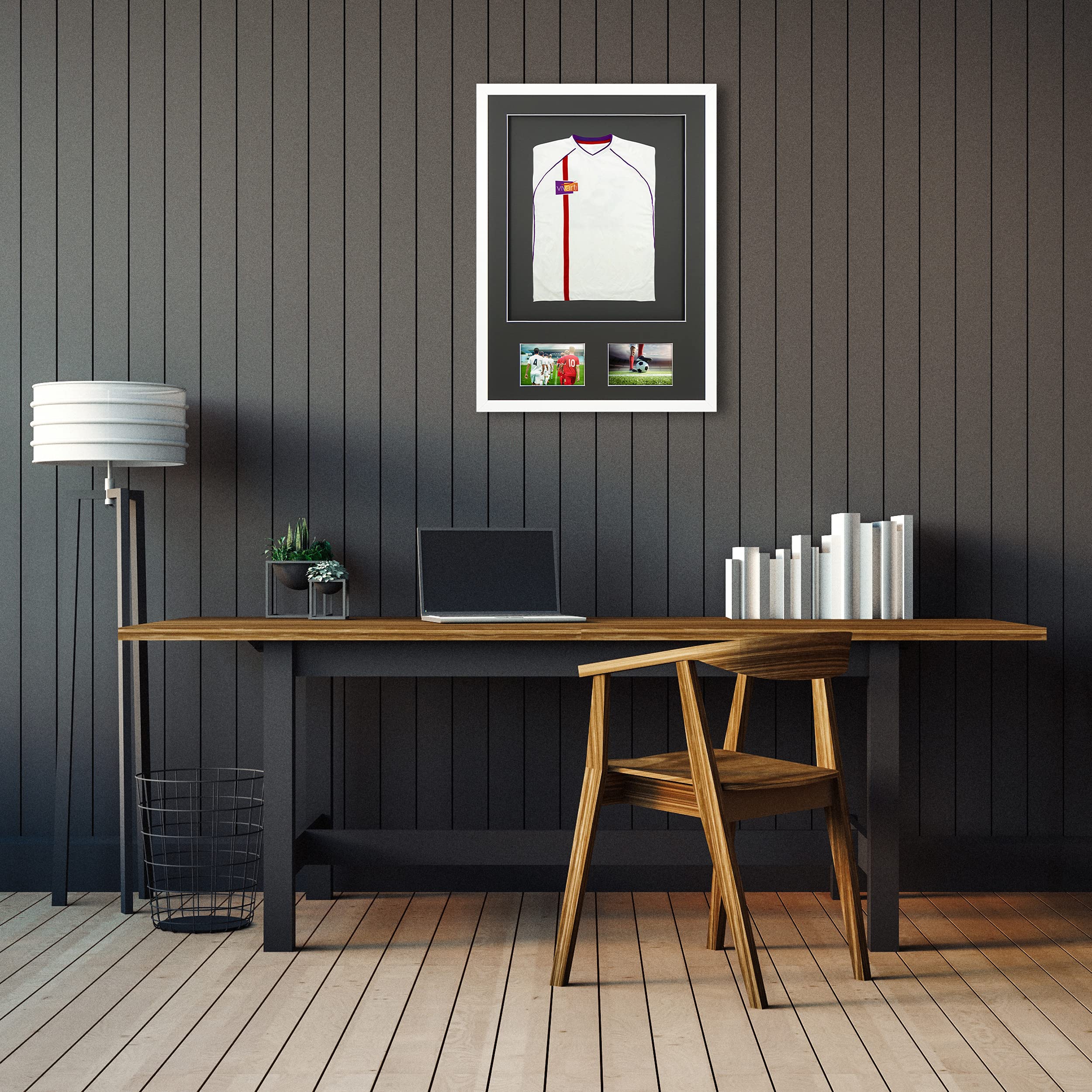 Vivarti DIY - Marco de visualización de camisa deportiva con doble apertura (50 x 70 cm), color blanco brillante, soporte negro, tarjeta de respaldo negra