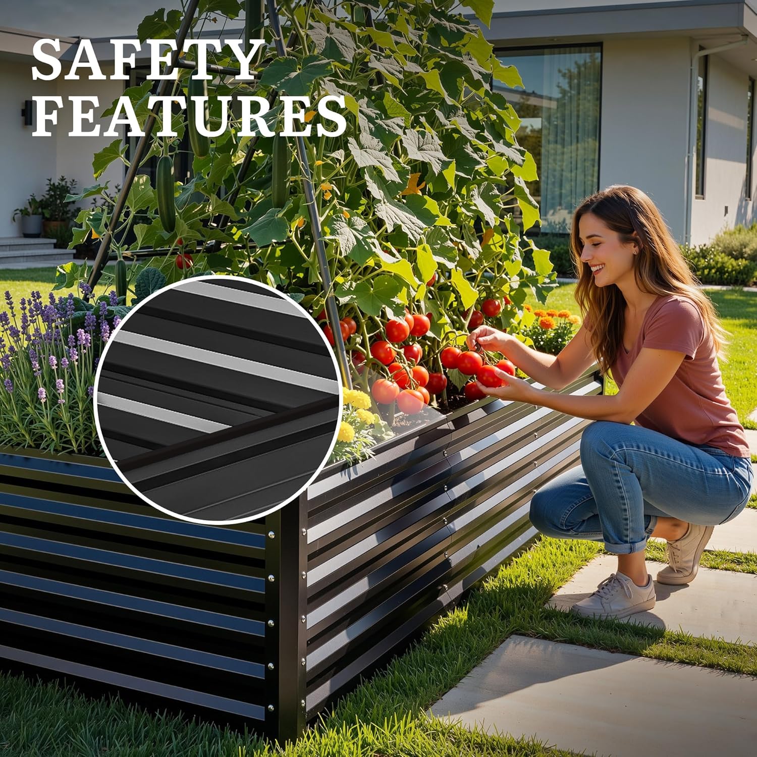 YITAHOME 8x4x2ft Galvanized Raised Garden Bed with Cucumber Trellis, Metal Planter Box with A-Frame Metal Trellis, Vertical Netting, Gloves, Outdoor Flower Bed for Vegetable Bean Grape Flowers, Black