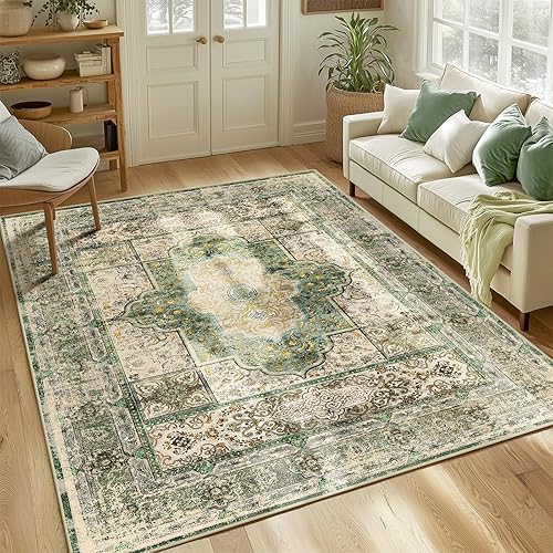 BESTSWEETIE 5x7 Area Rugs Machine Washable No Pile Non Slip Vintage Rugs for Living Room&Bedroom&Dinning Room Bohemian Distressed Carpet Indoor,Green/Teal/Multi